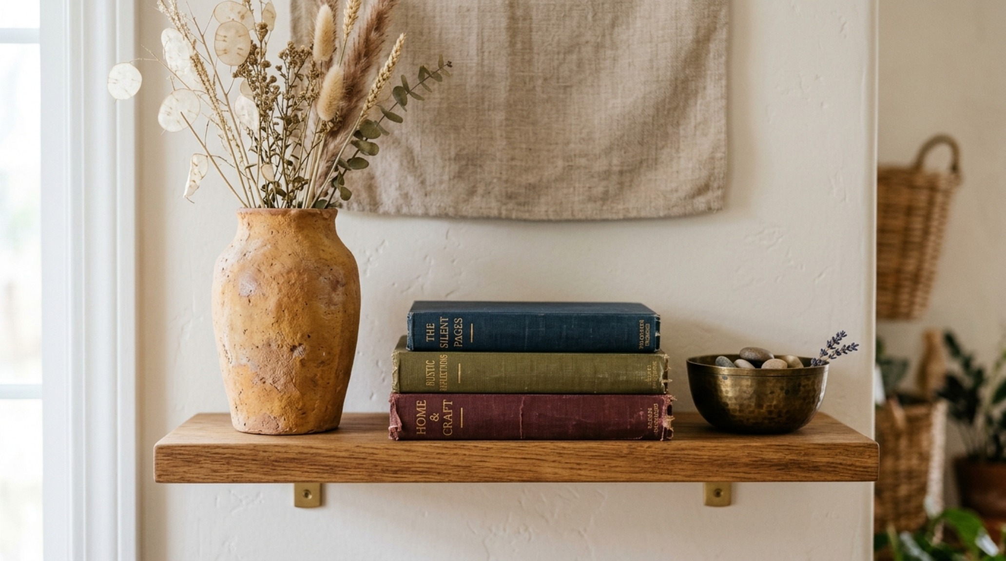 Close-up of Triangle Method Shelf Styling showing the visual balance between a tall ceramic vase, a low horizontal stack of linen books, and a medium-sized bronze object forming a perfect geometric focal point.