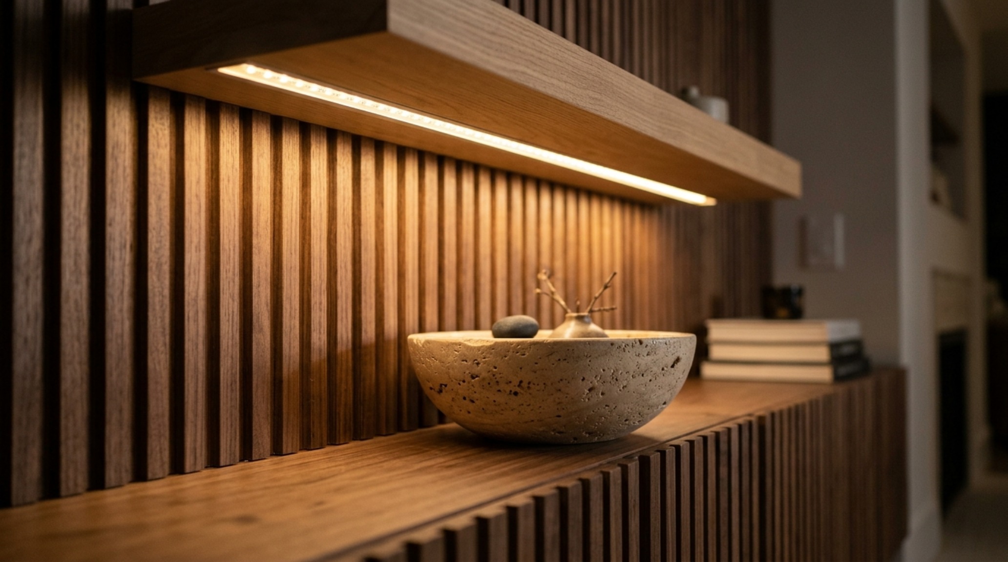 Architectural detail of living room floating shelves ideas lighting guide with recessed 2700K LED strips casting a warm, museum-quality glow on textured pottery and matte black accents.