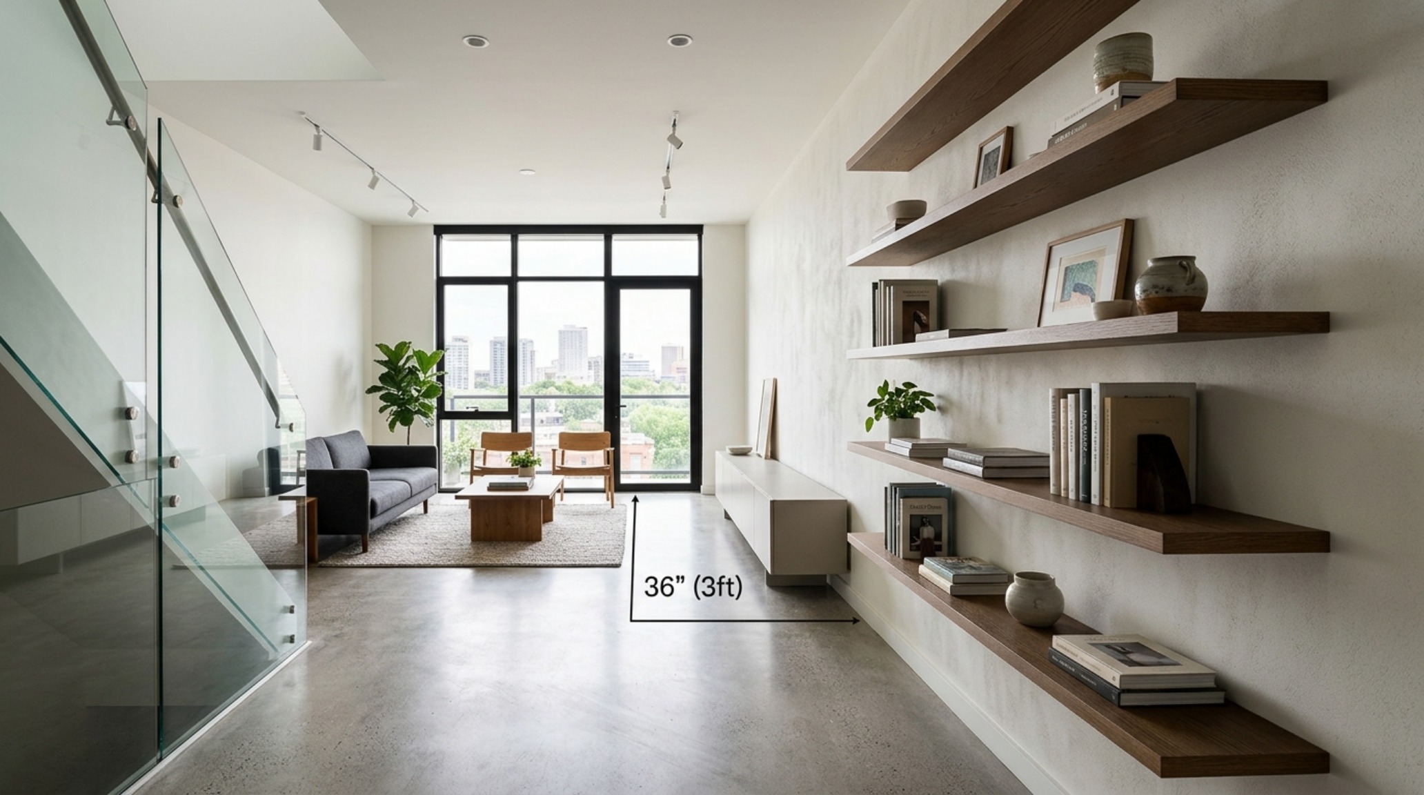 Side profile view of living room floating shelves ideas architecture demonstrating a 10-inch depth for optimal spatial flow and a 36-inch clearance from the primary lounge seating area.