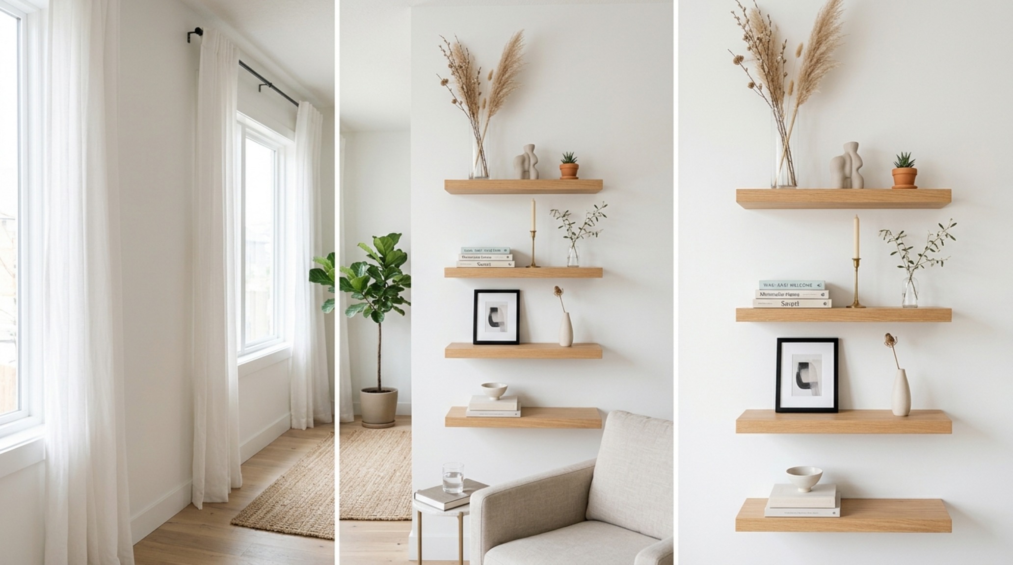 Small space living room floating shelves ideas utilizing vertical scale with tall architectural branches and slender glass vessels to create the illusion of higher ceilings in a compact apartment.