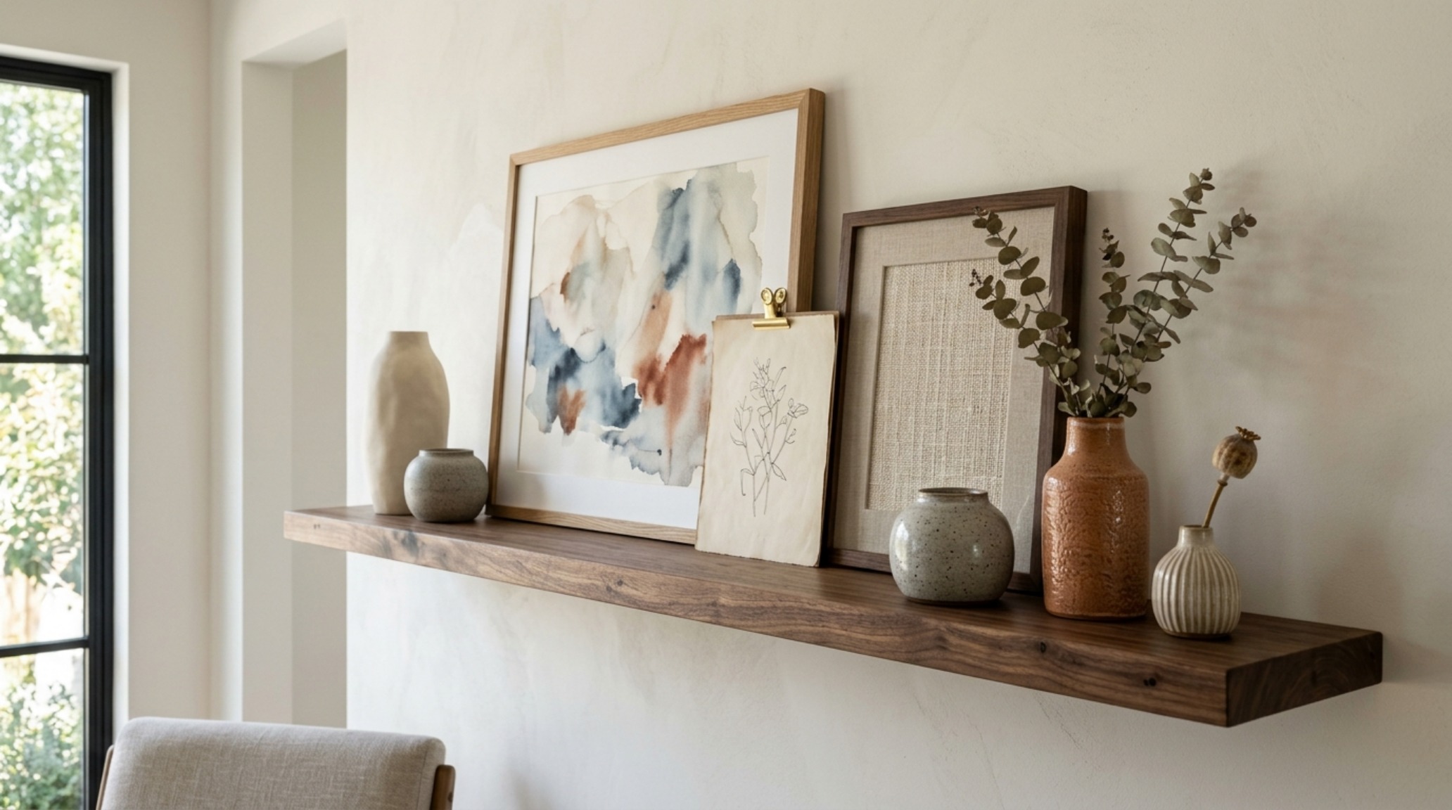 Minimalist living room floating shelves ideas layout showcasing a single long-span walnut shelf with three distinct triangles of decor, integrating art leaning against a plaster-finish wall.