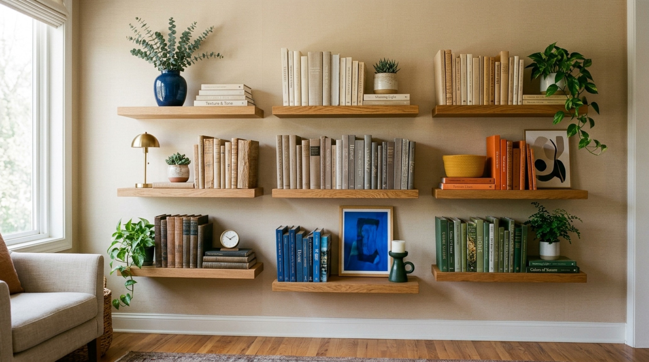 A curated collection of mid-century modern ceramics styled using the Triangle Method on living room floating shelves ideas, highlighting the play of shadow and form under directional 3000K task lighting.