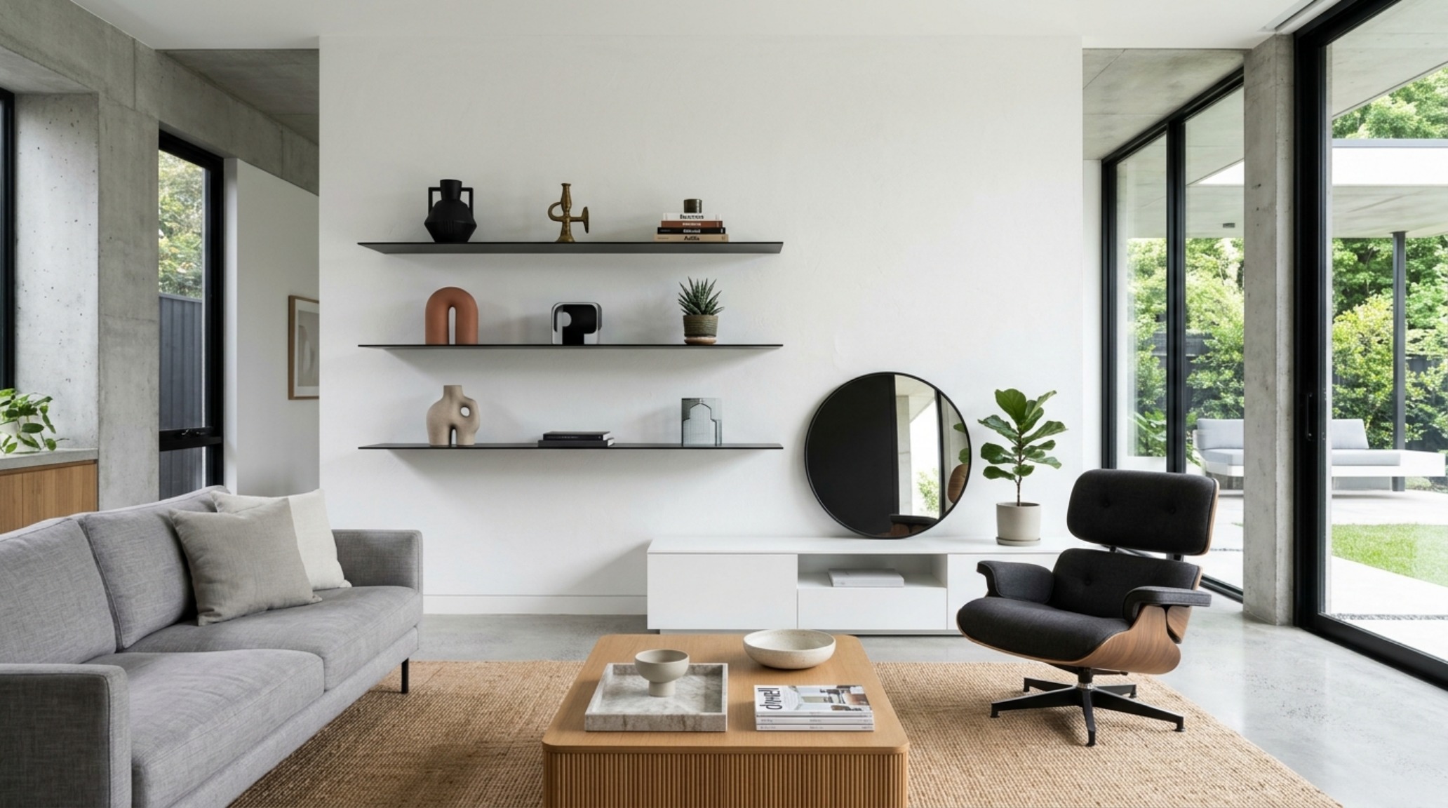 Modern living room floating shelves ideas ideas incorporating integrated metallic brackets and a mix of organic shapes, providing a sophisticated backdrop for a formal seating arrangement.