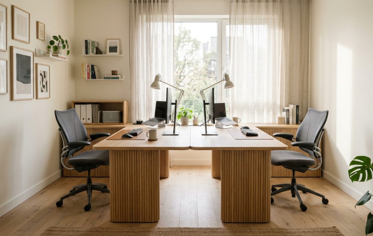 modern two person desk home office ideas featuring a symmetrical T-shaped white oak desk with integrated storage and ergonomic chairs