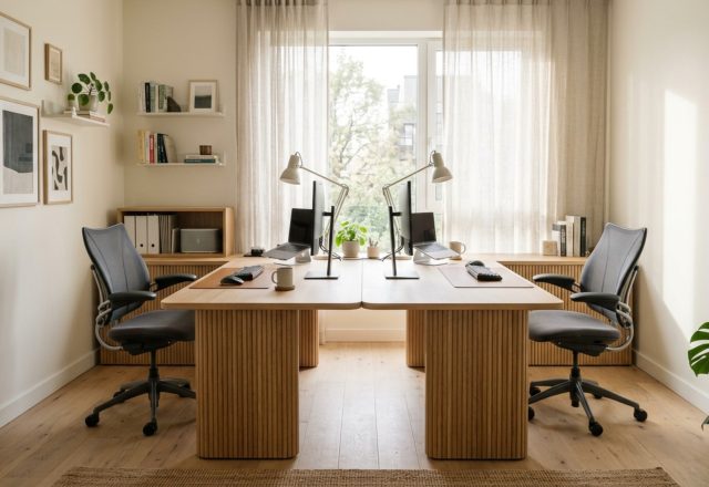modern two person desk home office ideas featuring a symmetrical T-shaped white oak desk with integrated storage and ergonomic chairs