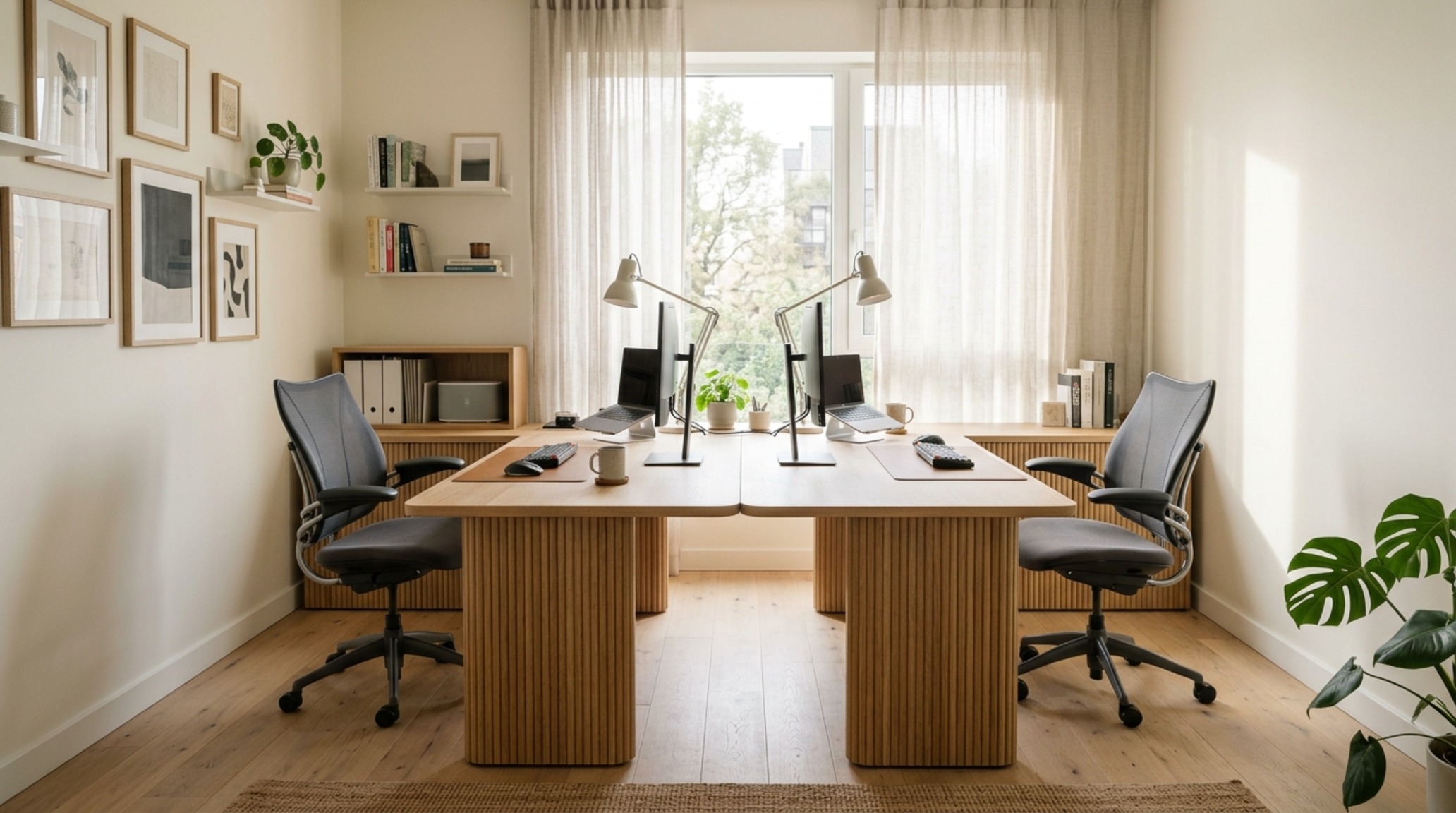 modern two person desk home office ideas featuring a symmetrical T-shaped white oak desk with integrated storage and ergonomic chairs modern two person desk home office ideas featuring a symmetrical T-shaped white oak desk with integrated storage and ergonomic chairs