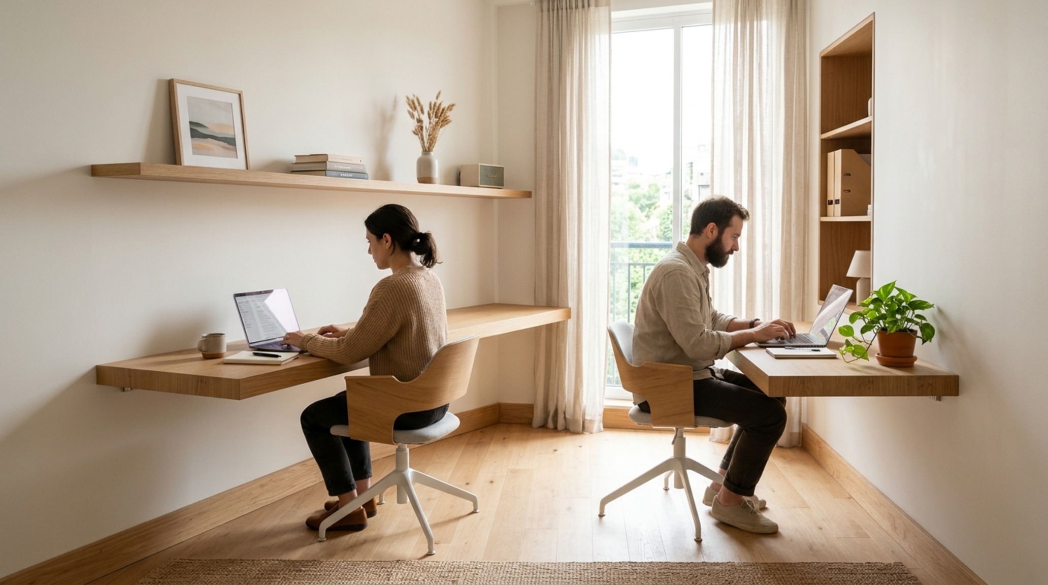 small space two person desk home office utilizing a wall-mounted floating desk and vertical shelving to maximize floor plane visibility small space two person desk home office utilizing a wall-mounted floating desk and vertical shelving to maximize floor plane visibility