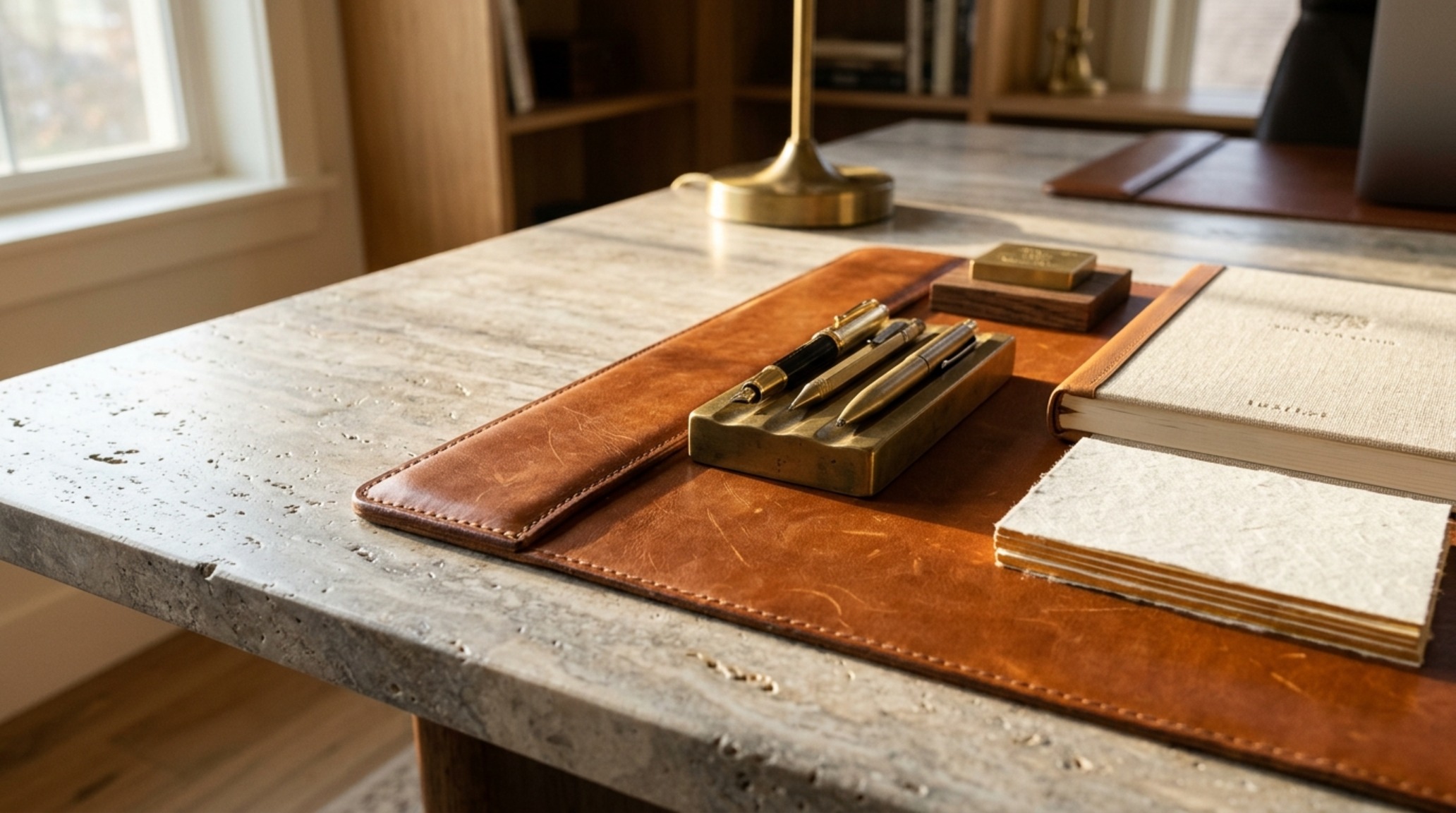 luxury two person desk home office textures including honed travertine surfaces, cognac leather accents, and matte black steel hardware luxury two person desk home office textures including honed travertine surfaces, cognac leather accents, and matte black steel hardware