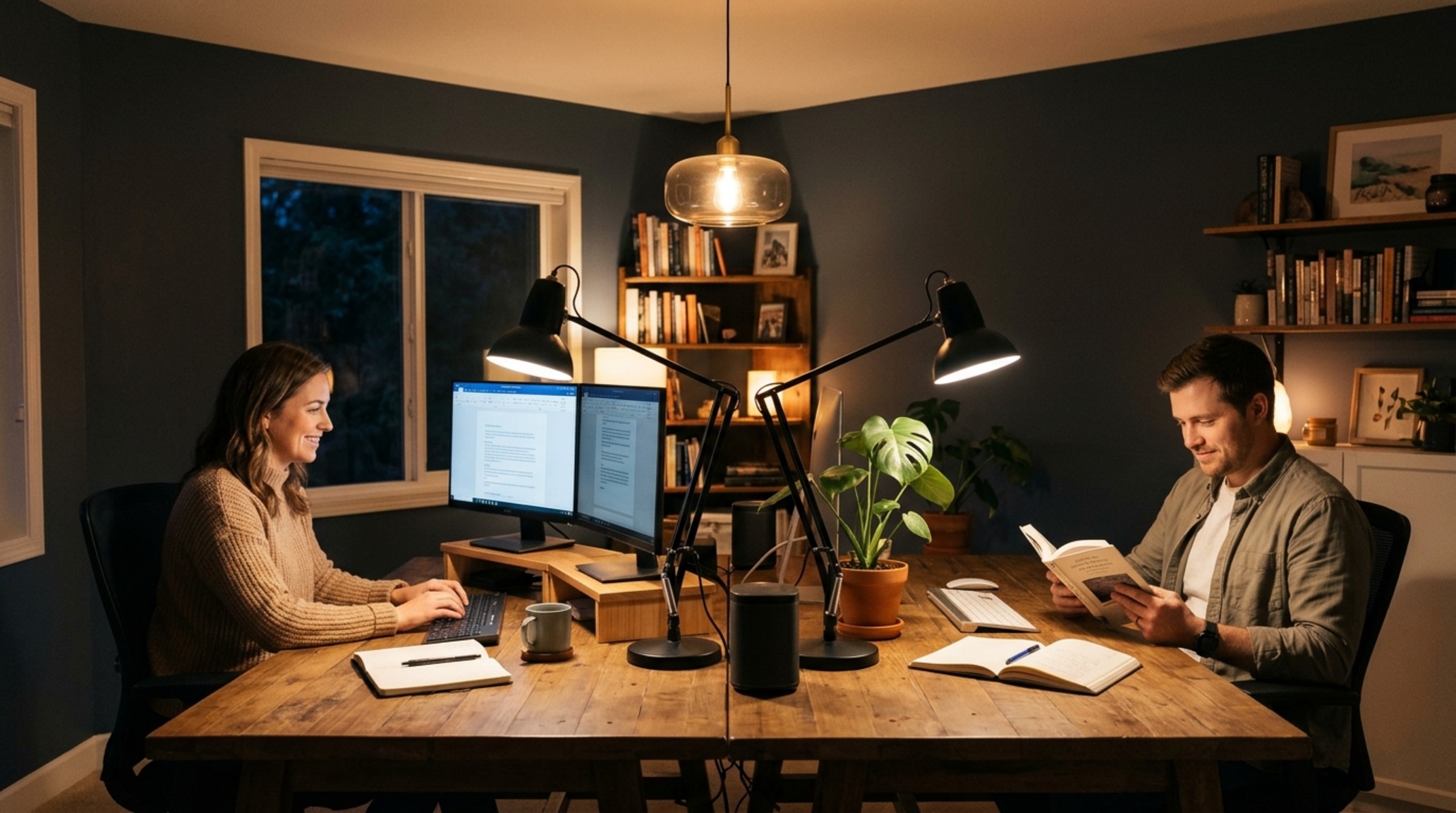 two person desk home office lighting guide demonstrating layered 2700K ambient lighting and 3000K directional task lamps for focus two person desk home office lighting guide demonstrating layered 2700K ambient lighting and 3000K directional task lamps for focus