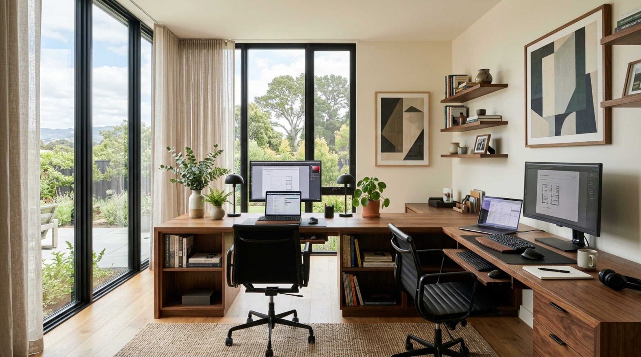 modern two person desk home office ideas showing an L-shaped corner configuration with clean cord management and architectural sightlines modern two person desk home office ideas showing an L-shaped corner configuration with clean cord management and architectural sightlines