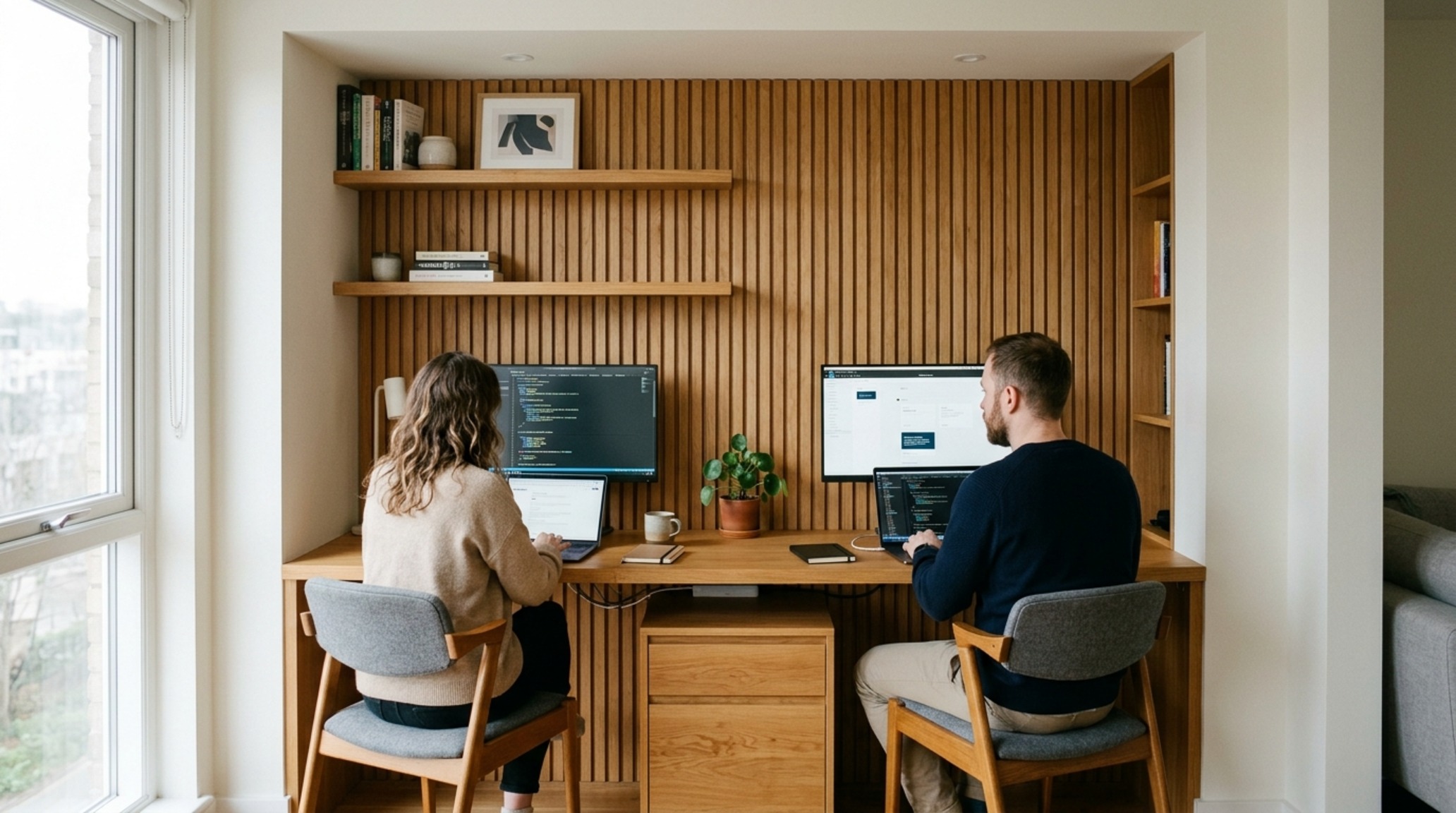small space two person desk home office designed into a recessed alcove with minimal profile task seating and high-CRI lighting small space two person desk home office designed into a recessed alcove with minimal profile task seating and high-CRI lighting