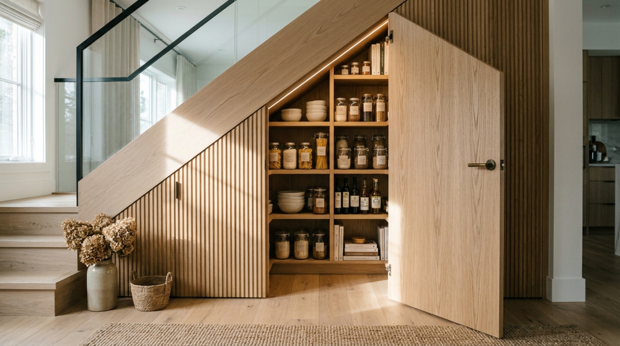 High-end under the stairs pantry featuring fluted white oak doors and minimalist brass hardware with 36-inch walkway clearance. High-end under the stairs pantry featuring fluted white oak doors and minimalist brass hardware with 36-inch walkway clearance.