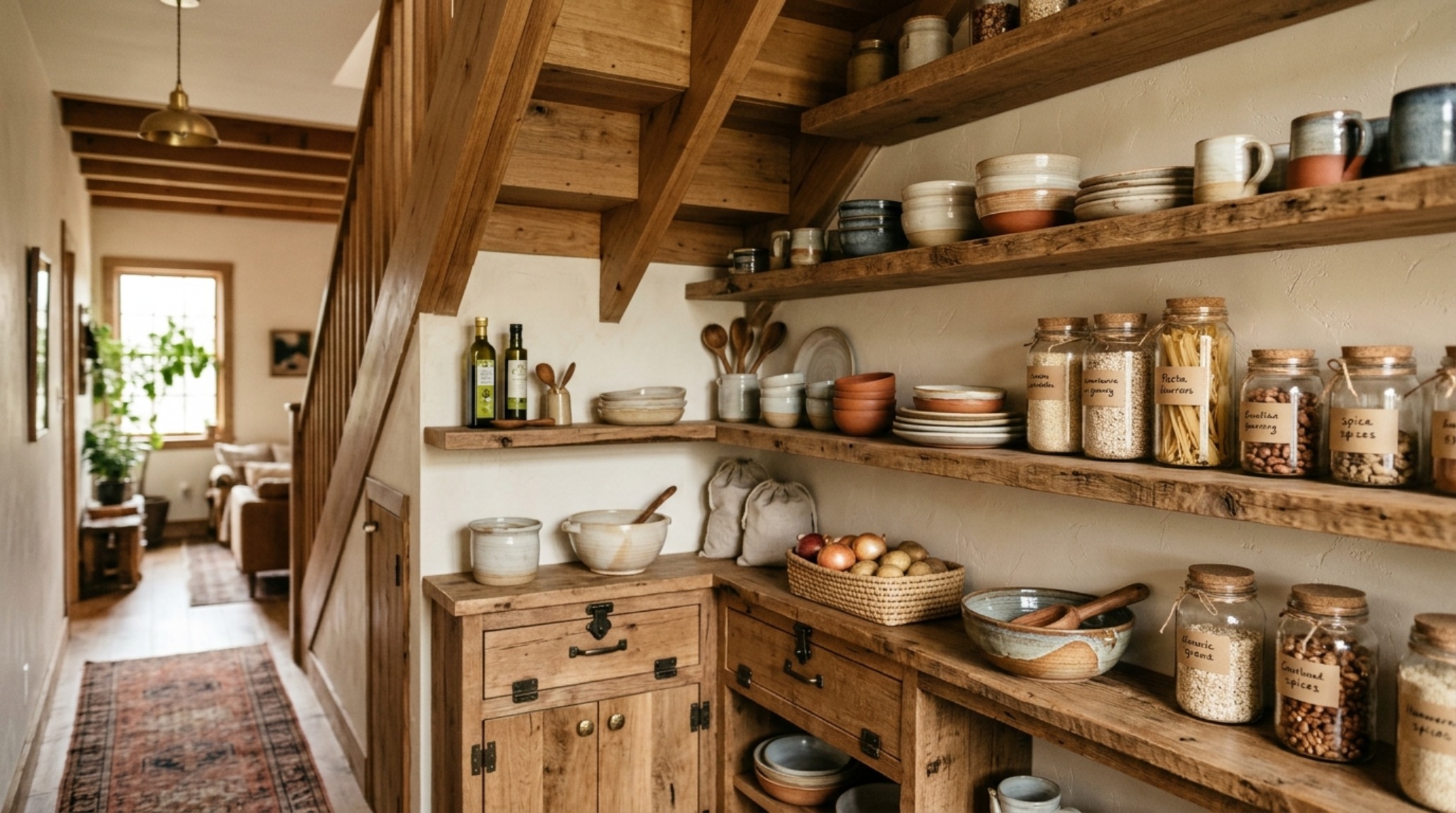 A rustic modern under-stairs pantry with reclaimed wood accents and high-CRI lighting for natural ingredient display. A rustic modern under-stairs pantry with reclaimed wood accents and high-CRI lighting for natural ingredient display.