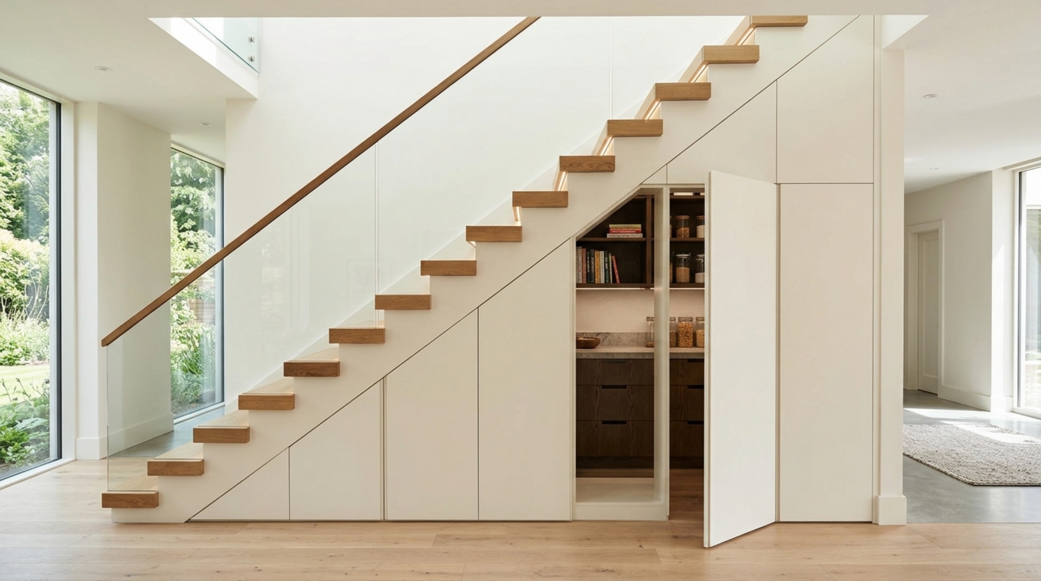 Editorial wide-angle shot of a custom-built pantry perfectly following the architectural slope of a staircase. Editorial wide-angle shot of a custom-built pantry perfectly following the architectural slope of a staircase.