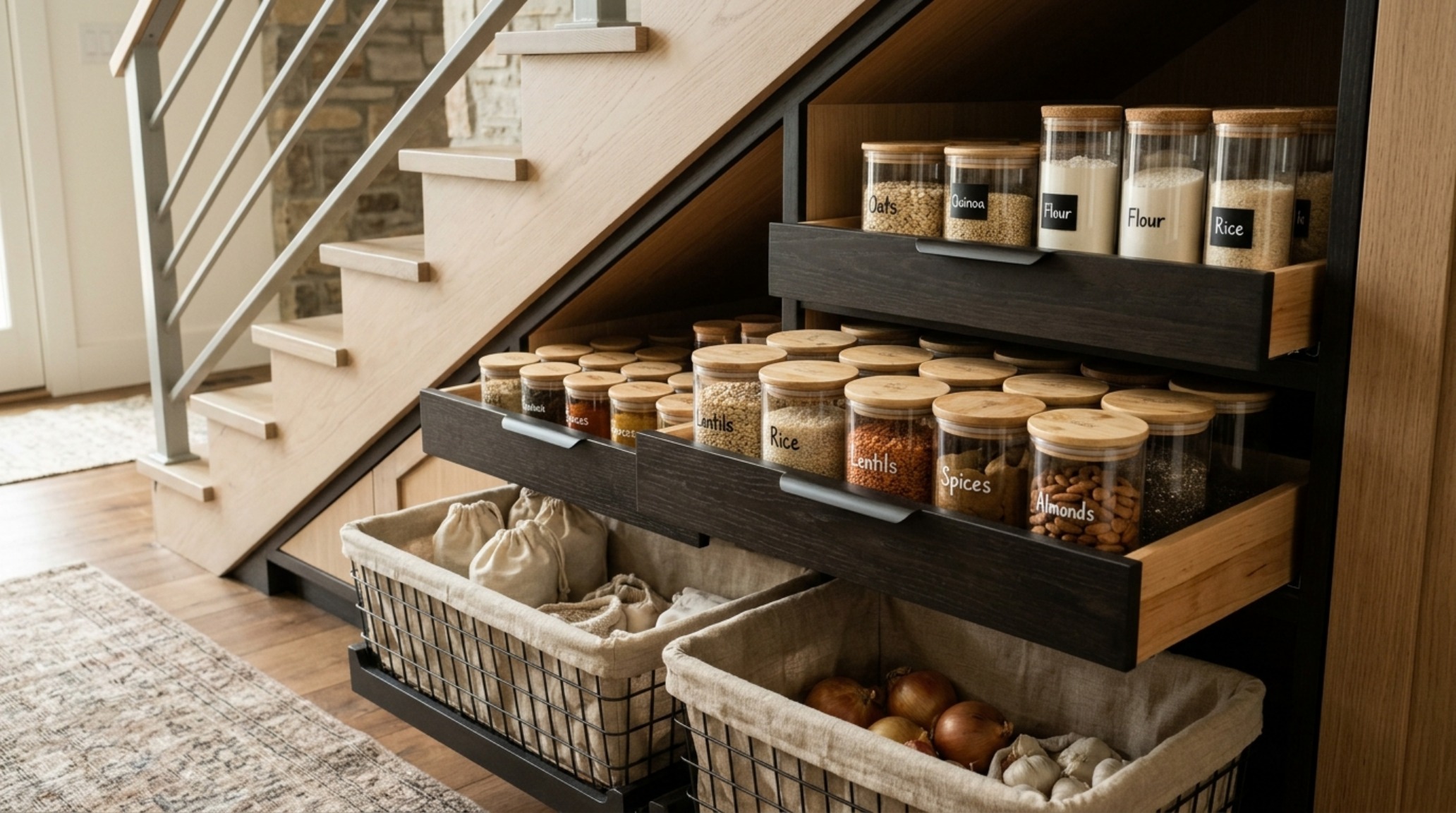 Detail of small pantry organization ideas layout with pull-out drawers, uniform glass jars, and woven baskets on oak shelves. Detail of small pantry organization ideas layout with pull-out drawers, uniform glass jars, and woven baskets on oak shelves.
