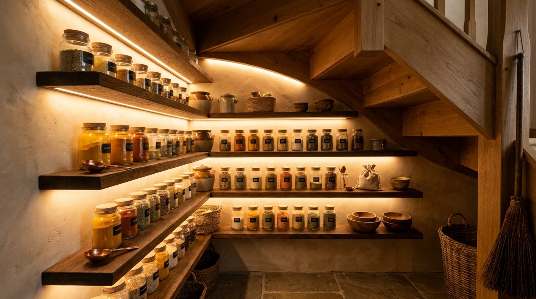 Integrated LED shelf lighting with 2700K warmth illuminating a custom pantry under a staircase. Integrated LED shelf lighting with 2700K warmth illuminating a custom pantry under a staircase.