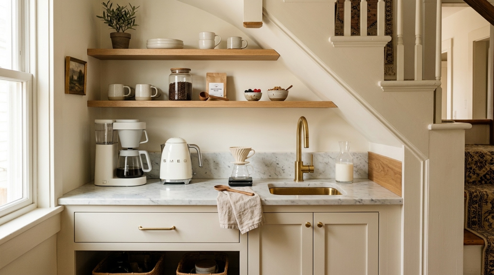 Modern small pantry organization ideas showing a sleek coffee station tucked into an under-stair alcove with stone countertops. Modern small pantry organization ideas showing a sleek coffee station tucked into an under-stair alcove with stone countertops.