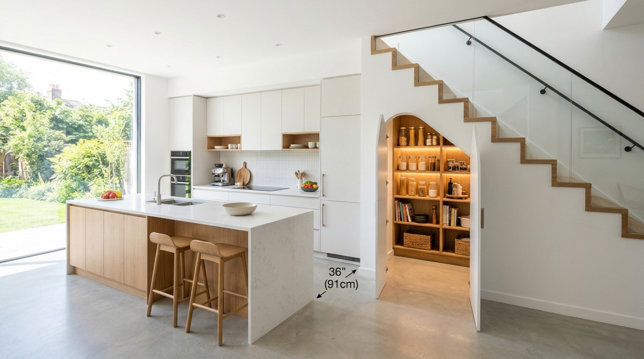 Architectural view of a small space pantry with open shelving and organized ingredients in a neutral-toned home. Architectural view of a small space pantry with open shelving and organized ingredients in a neutral-toned home.