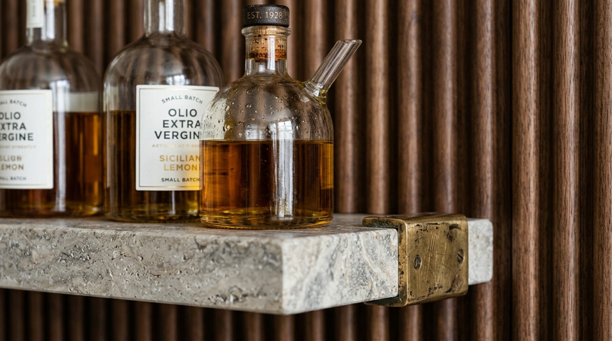 Close-up of luxury small pantry organization ideas textures featuring honed travertine shelves and unlacquered brass pulls. Close-up of luxury small pantry organization ideas textures featuring honed travertine shelves and unlacquered brass pulls.
