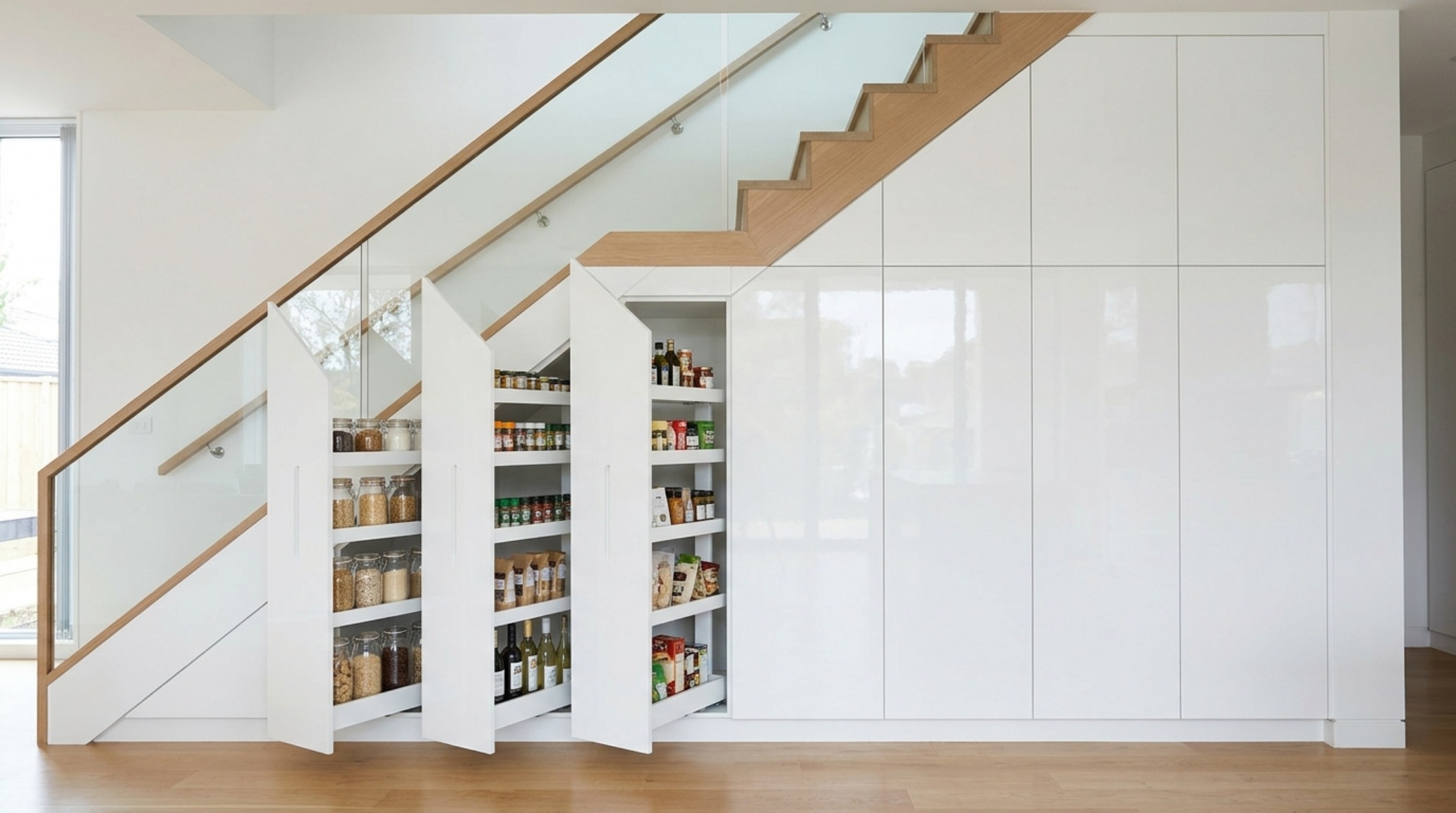 A minimalist white under-stair pantry with floor-to-ceiling pull-out larder units for maximum storage density. A minimalist white under-stair pantry with floor-to-ceiling pull-out larder units for maximum storage density.