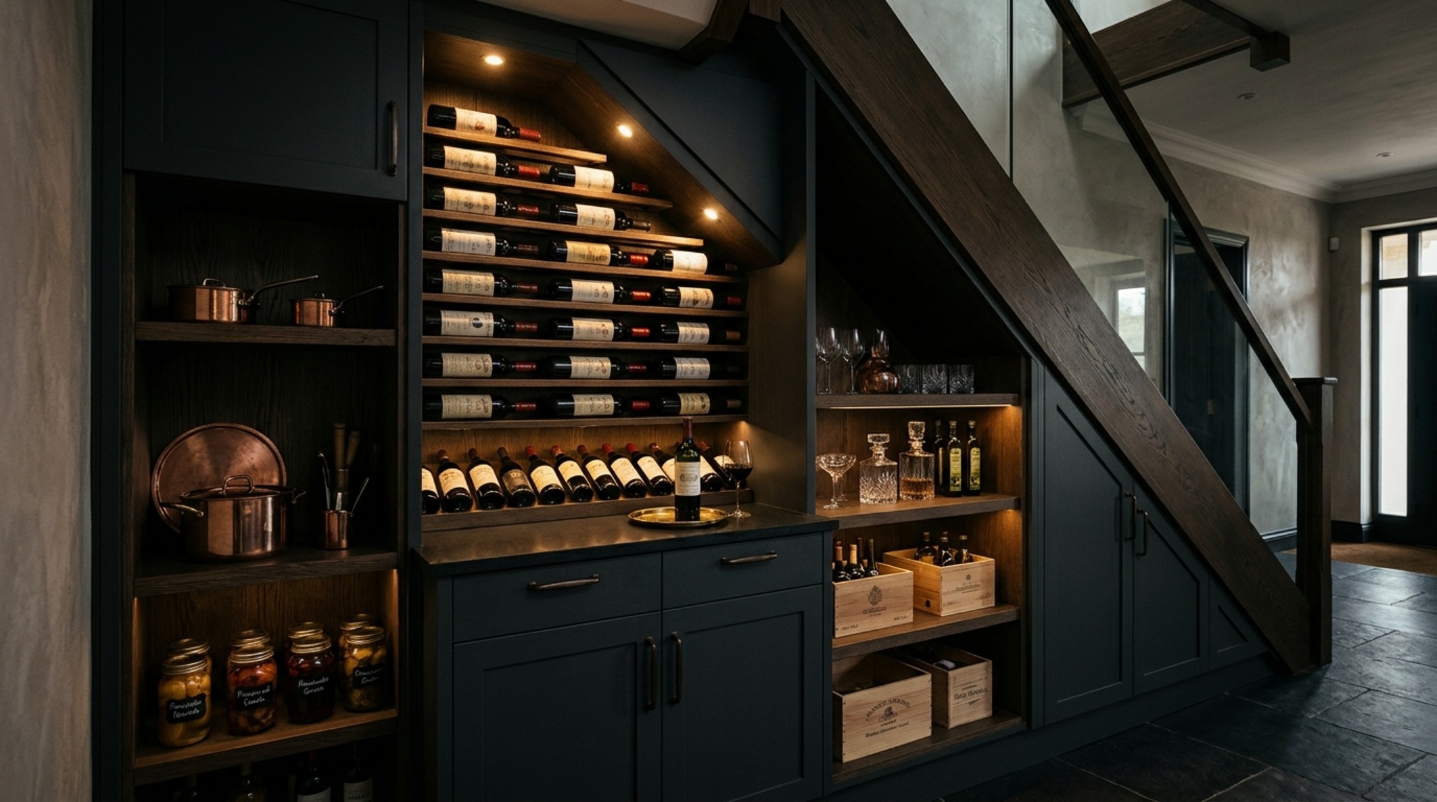Under-stair pantry with a built-in wine rack and dark charcoal cabinetry for a sophisticated mood. Under-stair pantry with a built-in wine rack and dark charcoal cabinetry for a sophisticated mood.