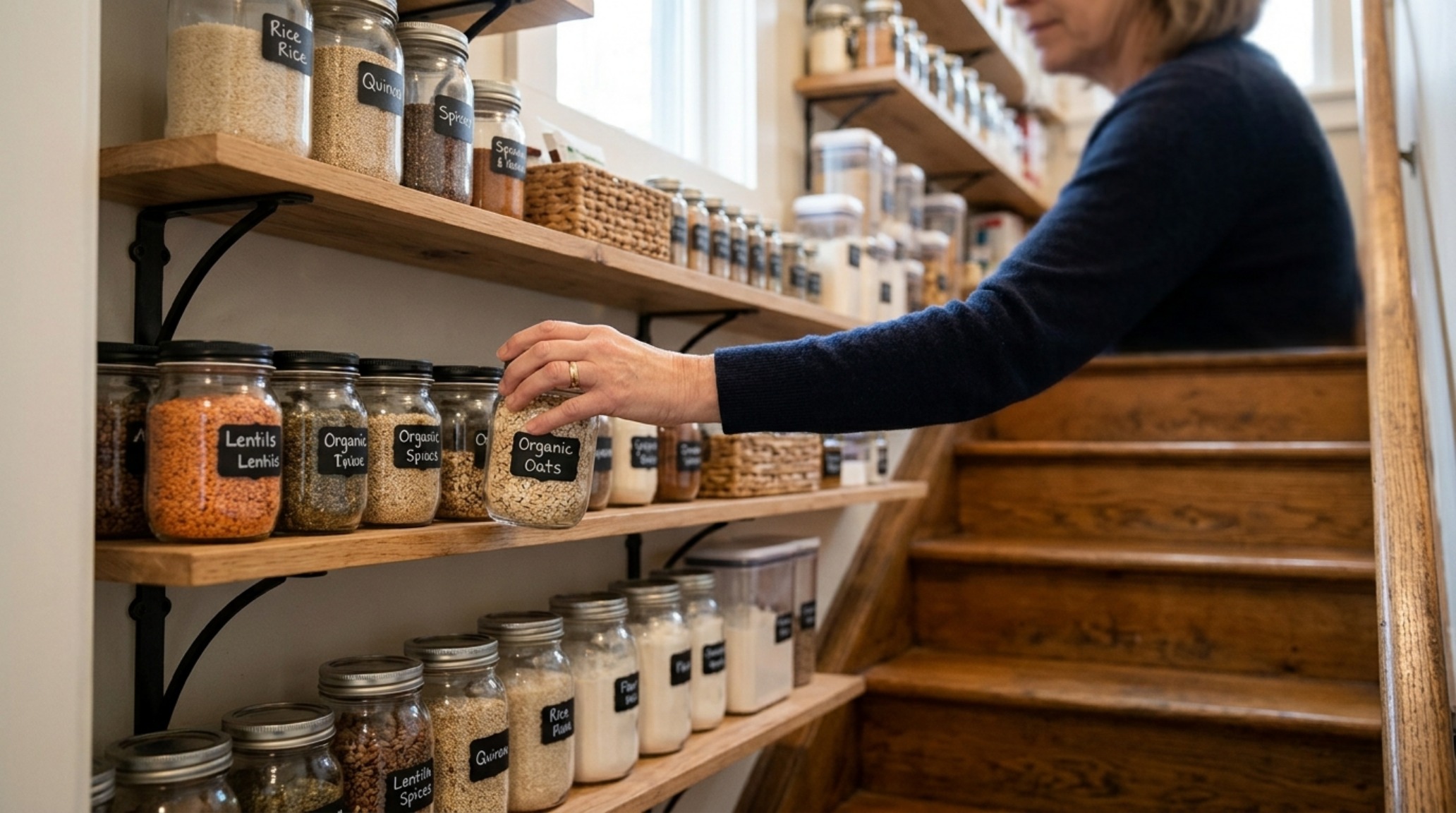 Ergonomic small pantry organization ideas showing tiered shelving and easy-reach zones for daily essentials. Ergonomic small pantry organization ideas showing tiered shelving and easy-reach zones for daily essentials.