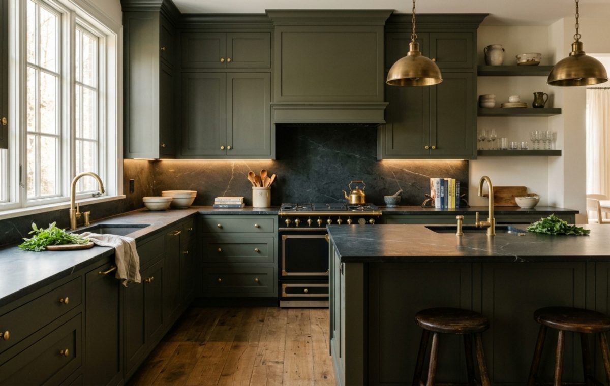 A sophisticated kitchen featuring cabinetry in a Benjamin Moore Go Away Green dupe, paired with dark honed soapstone countertops and warm under-cabinet 2700K lighting for a moody biophilic feel.