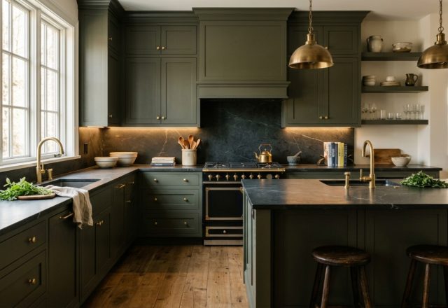 A sophisticated kitchen featuring cabinetry in a Benjamin Moore Go Away Green dupe, paired with dark honed soapstone countertops and warm under-cabinet 2700K lighting for a moody biophilic feel.