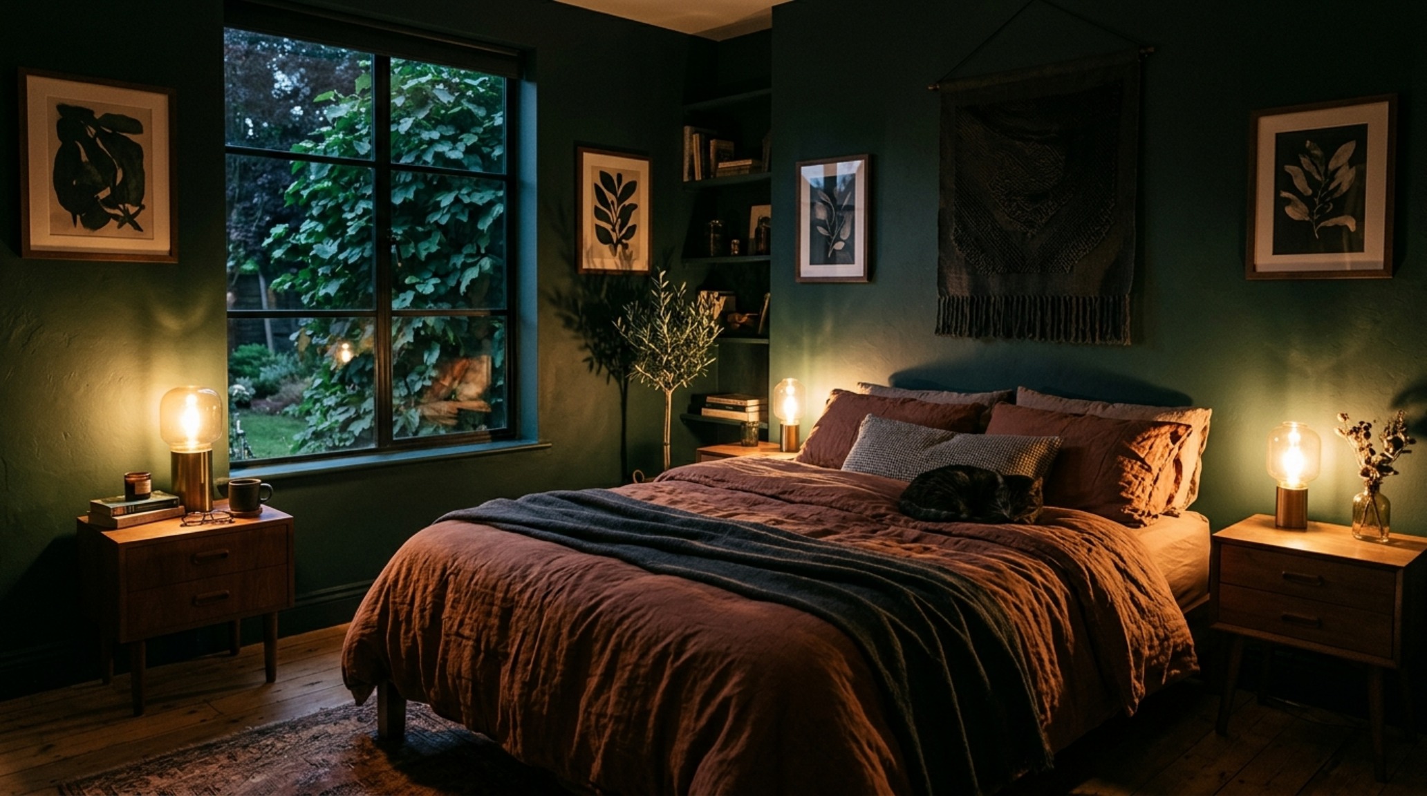 Bedroom sanctuary with a low-slung bed and walls in a charcoal-green 'Quiet Luxury' palette, featuring diffused directional lighting and soft linen textures.