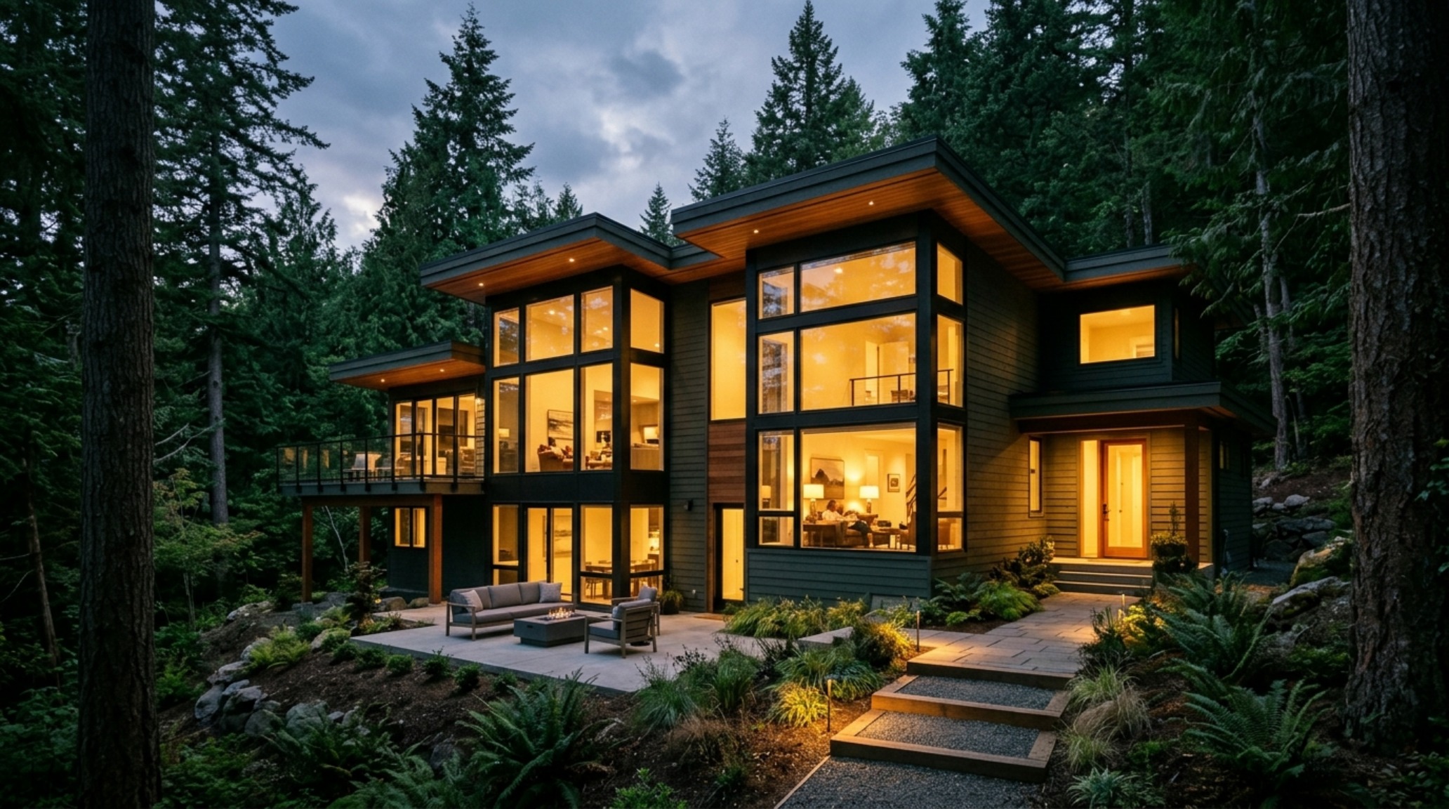 Exterior patio at dusk where the house cladding is painted in a moody green, disappearing into the shadows of the surrounding trees for ultimate architectural privacy.