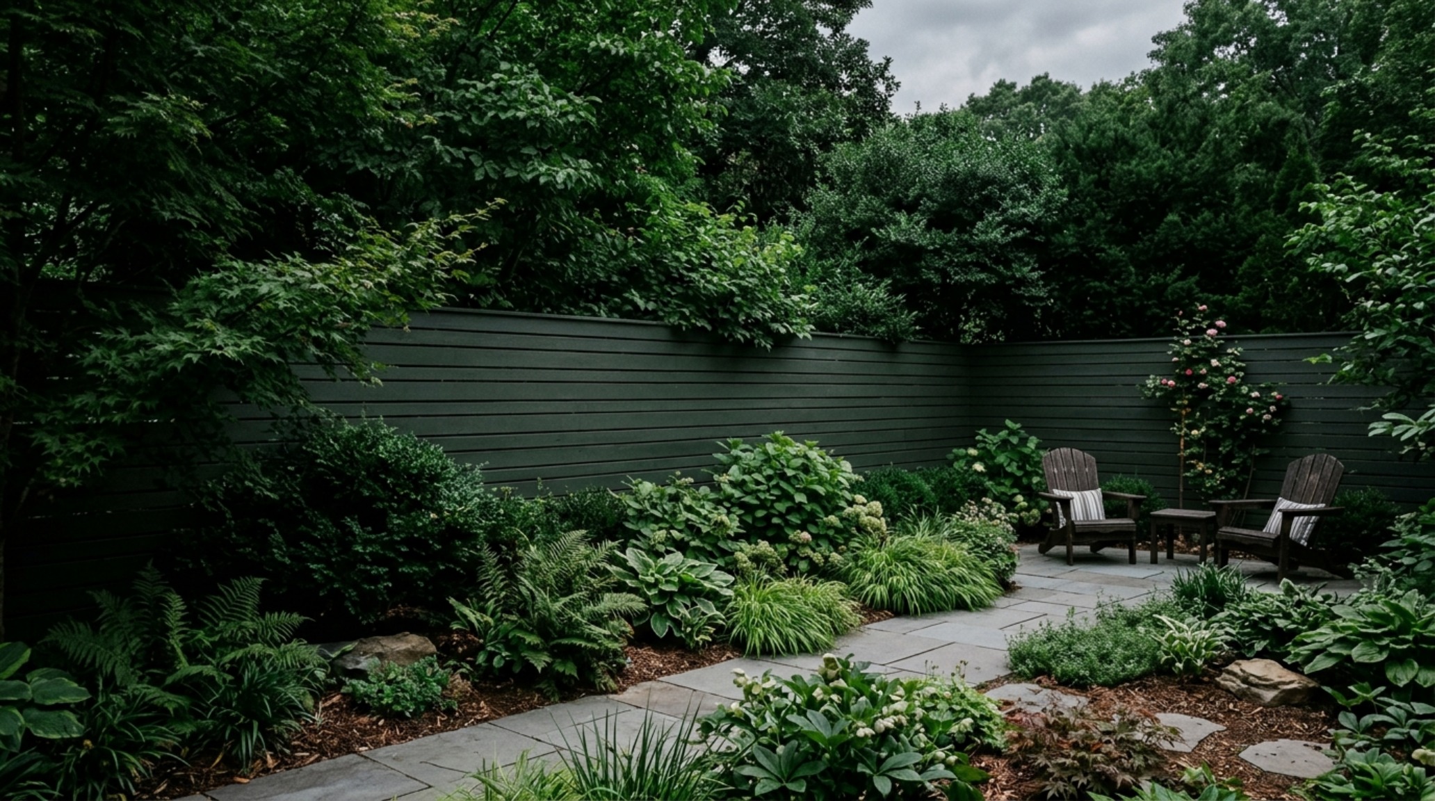 Exterior backyard view showing a wooden fence painted in an exterior fence camouflage paint, seamlessly blending into the dense perimeter foliage and creating an infinite garden feel.