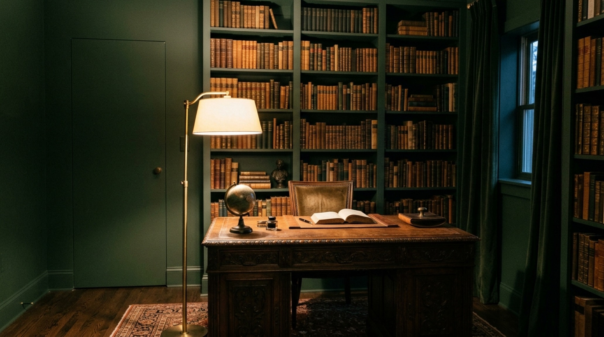 A moody home office featuring deep green walls and an antique oak desk, where the utility door is painted to disappear into the background using color psychology in design.