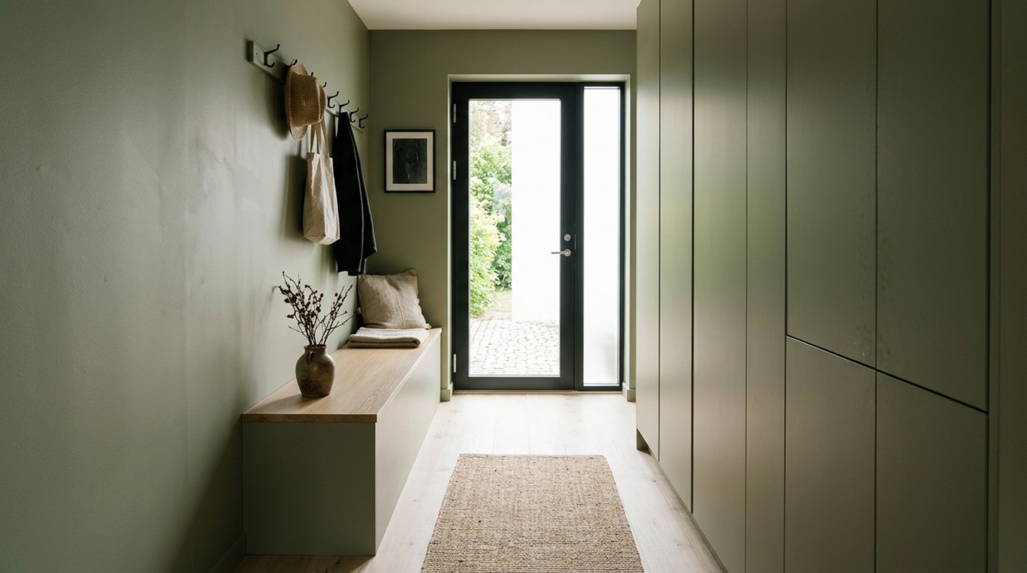 Entryway with a built-in mudroom bench color-drenched in a desaturated green, utilizing 36-inch walkway clearances for optimal spatial cadence.