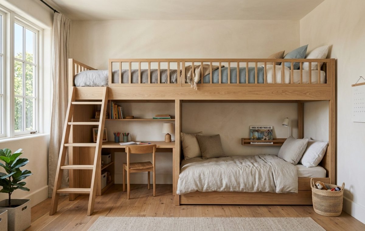 best bunk beds for kids arranged in an L-shaped configuration to maximize floor space and maintain architectural sightlines in a high-ceiling room.