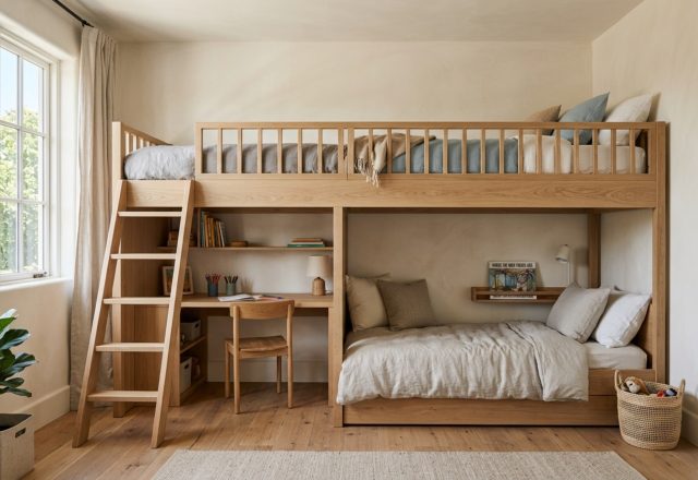 best bunk beds for kids arranged in an L-shaped configuration to maximize floor space and maintain architectural sightlines in a high-ceiling room.
