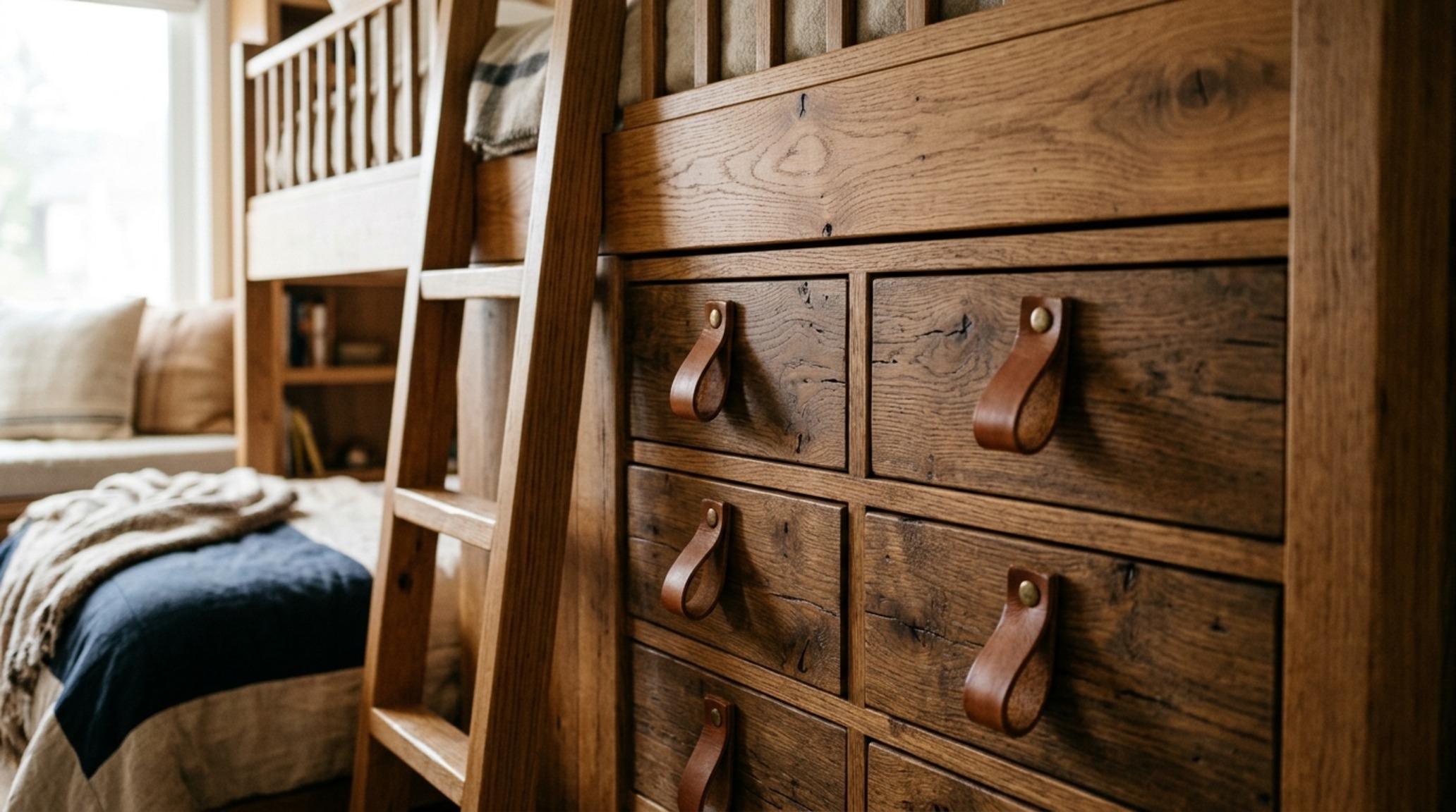 L-shaped bunk beds for small rooms styled with high-end textiles and leather pulls on integrated storage drawers.