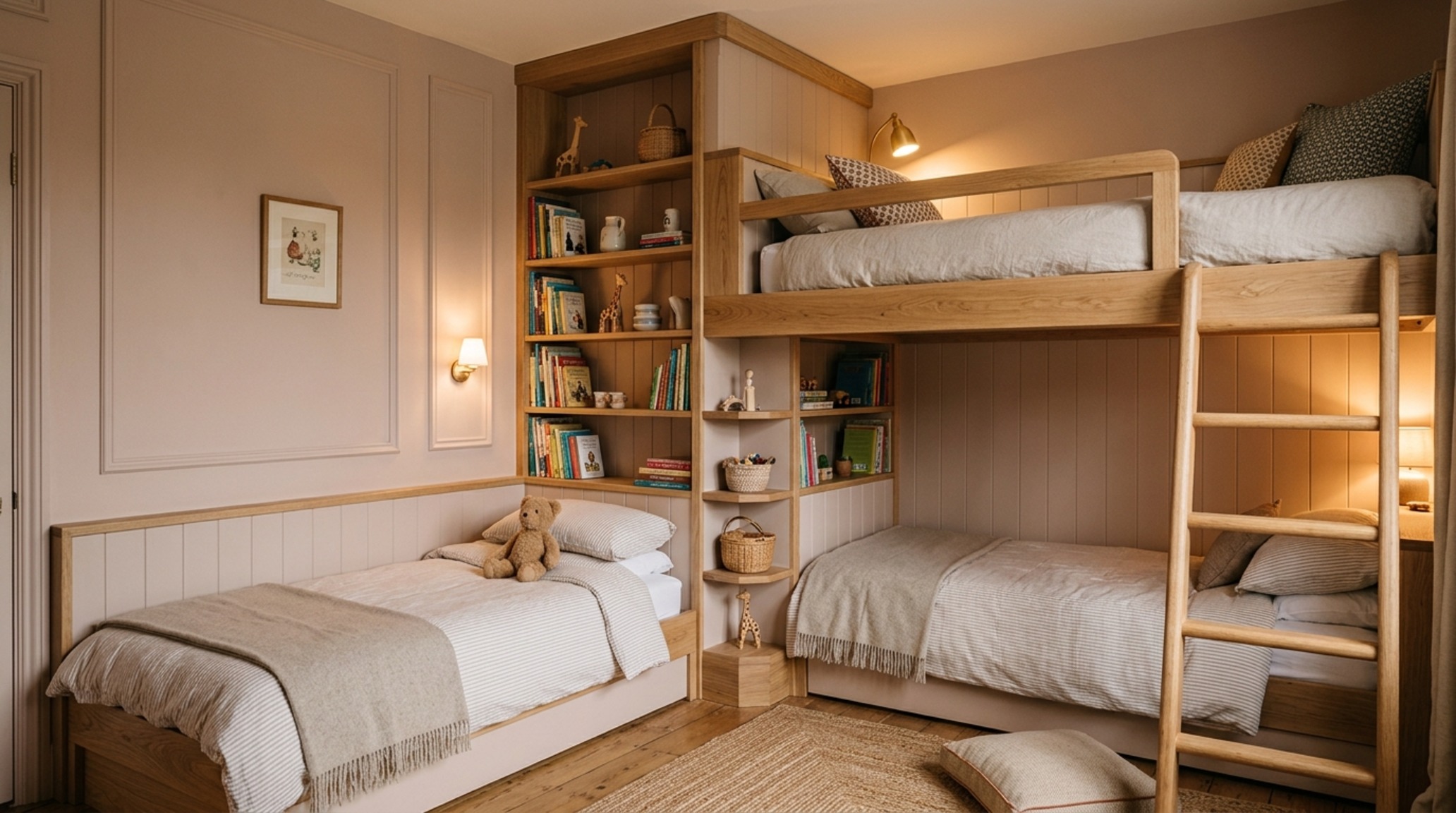 L-shaped bunk beds for small rooms featuring a solid birch frame and integrated reading nooks with warm 2700K recessed lighting.