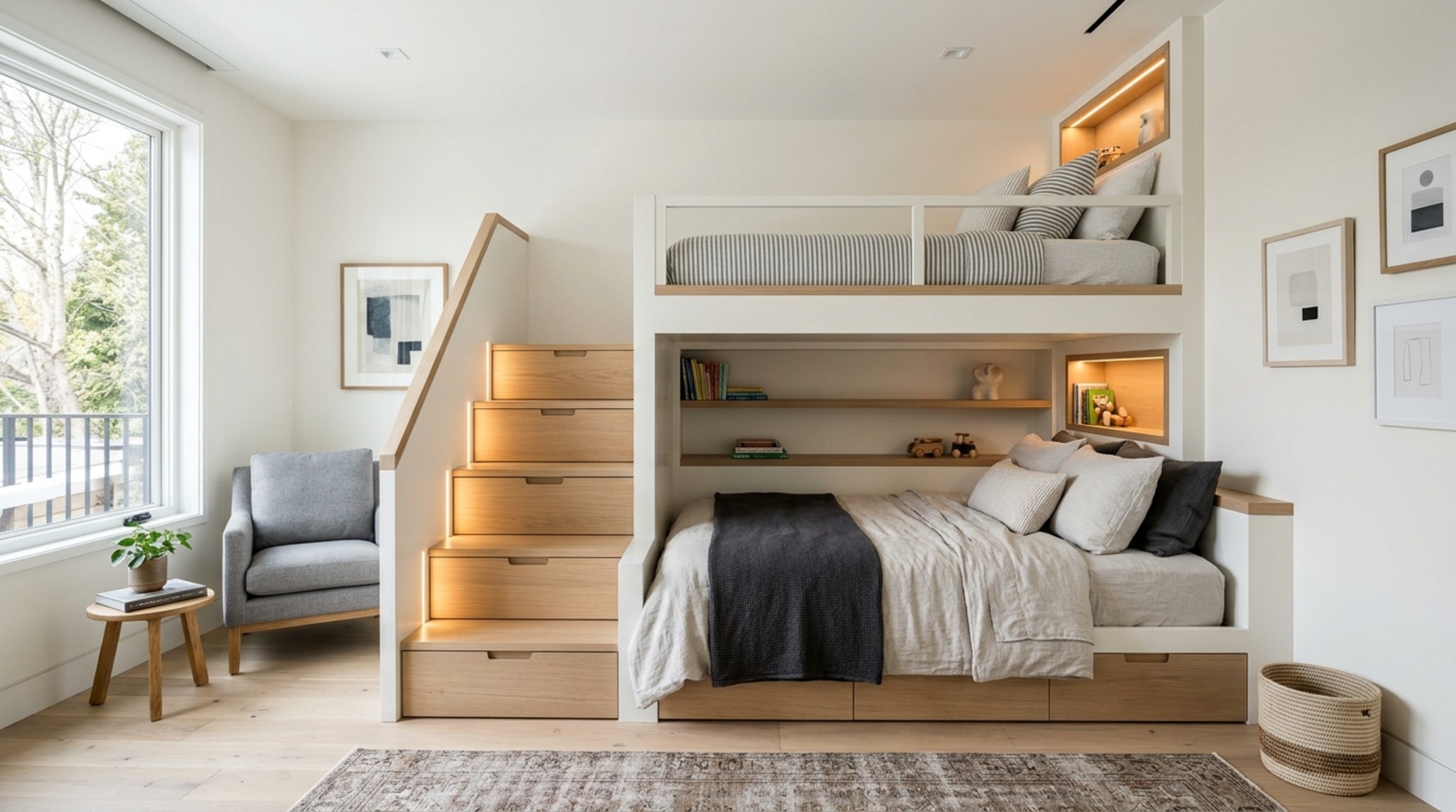modern twin over full bunk beds with storage integrated into the staircase and under-bed drawers, finished in Benjamin Moore Swiss Coffee.