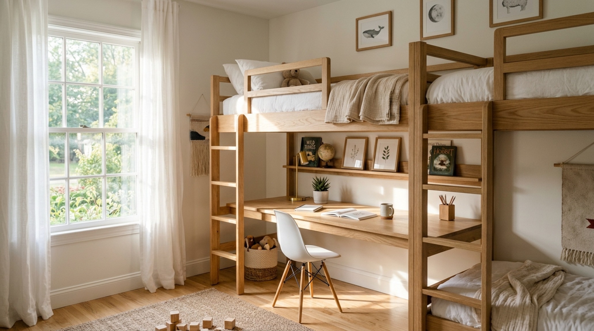 solid wood loft beds with desk featuring a minimal profile and a spacious white oak workspace underneath for cognitive play and study.
