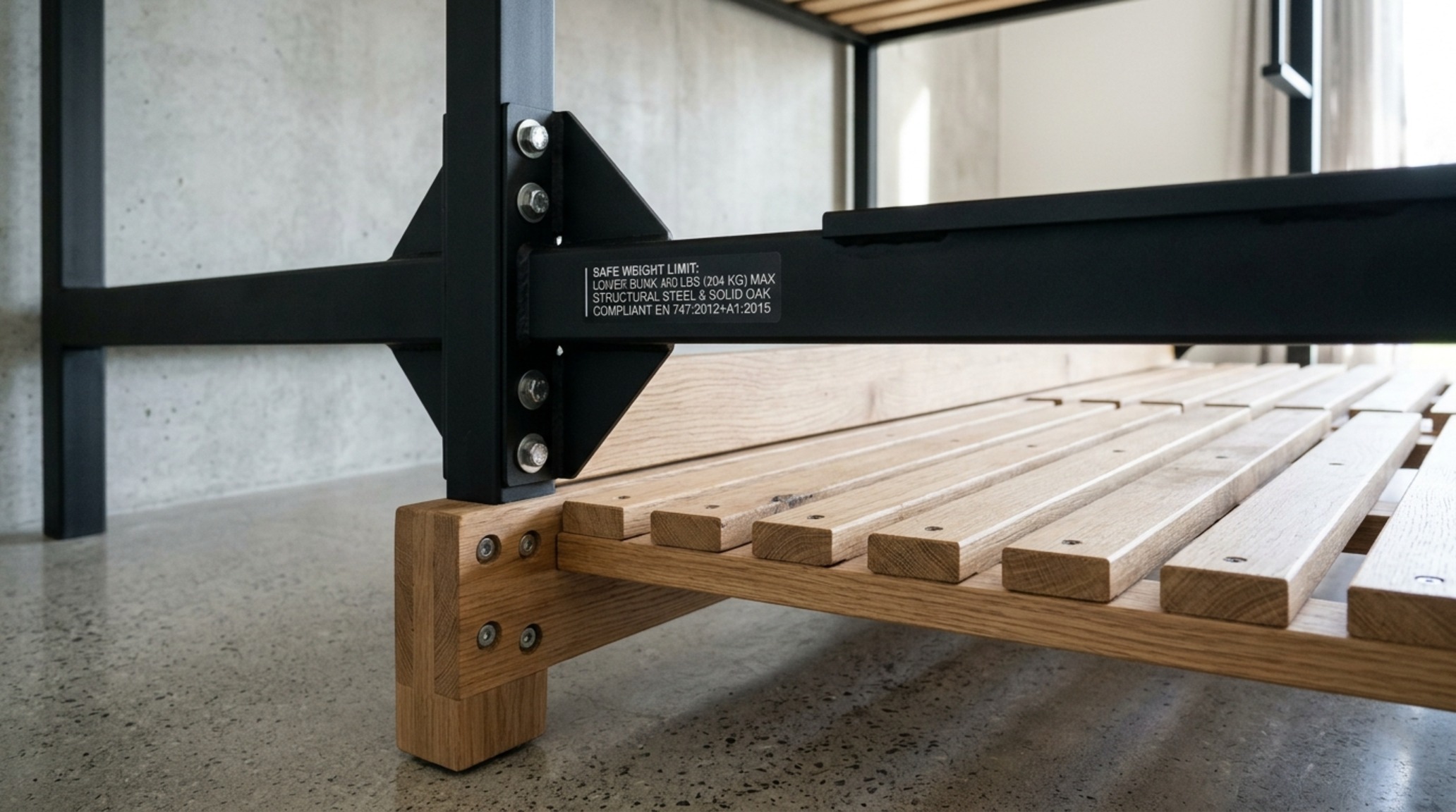bunk bed safety weight limits tested through thick-cut solid wood slats and heavy-grade steel fasteners in a contemporary bunk bed design.