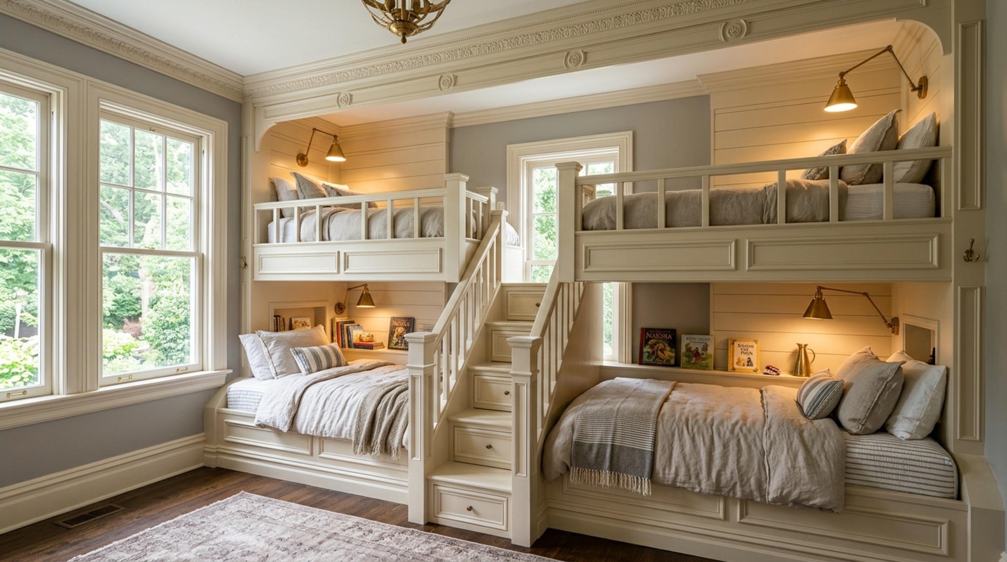 best bunk beds for kids showcasing a custom architectural built-in look with crown molding details that blend with the room's traditional aesthetic.