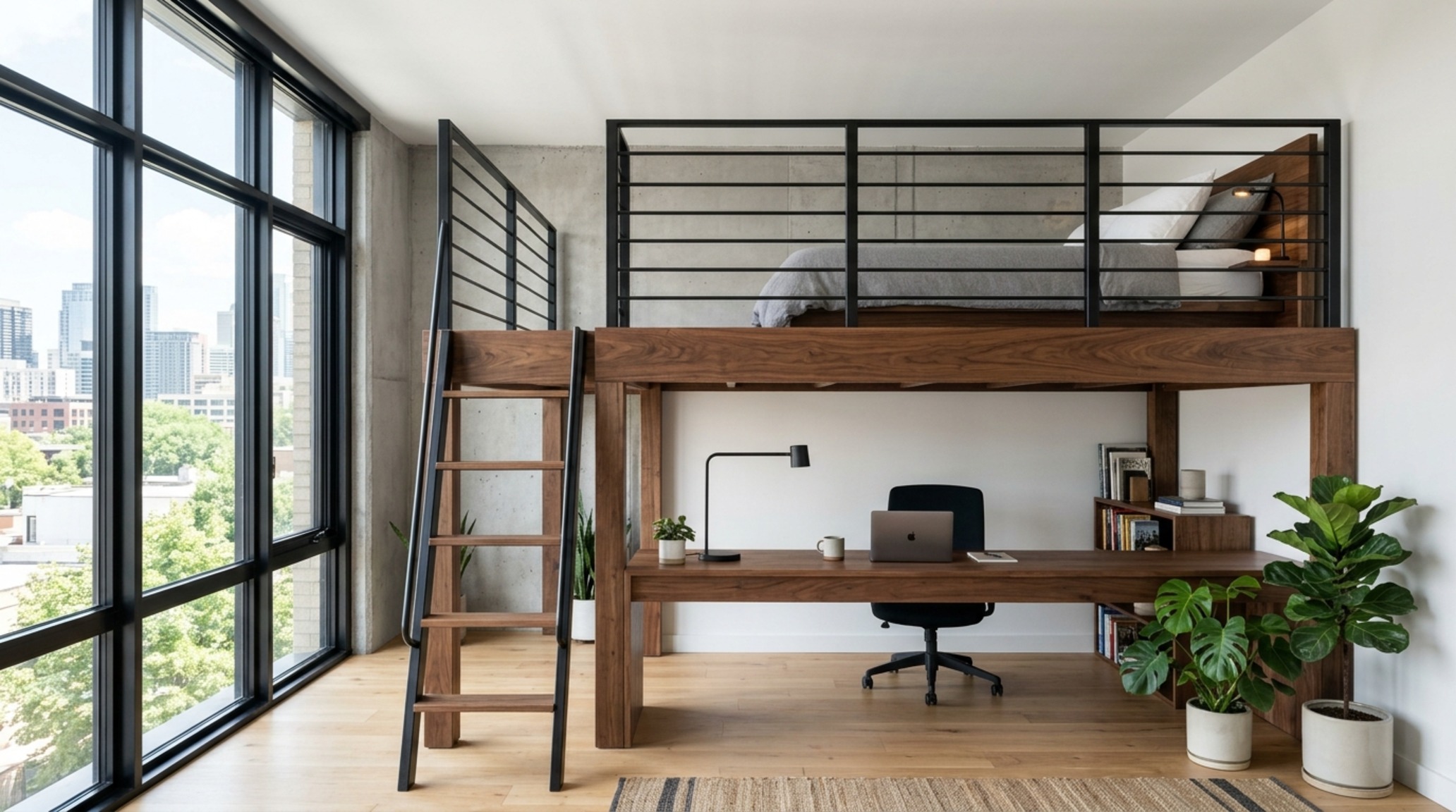 solid wood loft beds with desk in a light maple finish featuring slim metal safety railings and integrated LED task lighting.