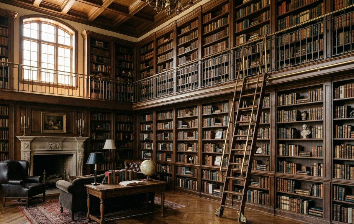 Bookshelf wealth aesthetic library featuring floor-to-ceiling walnut shelves, a rolling brass ladder, and warm 2700K integrated LED lighting for a curated, layered look.