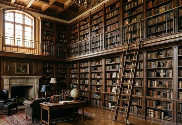 Bookshelf wealth aesthetic library featuring floor-to-ceiling walnut shelves, a rolling brass ladder, and warm 2700K integrated LED lighting for a curated, layered look.