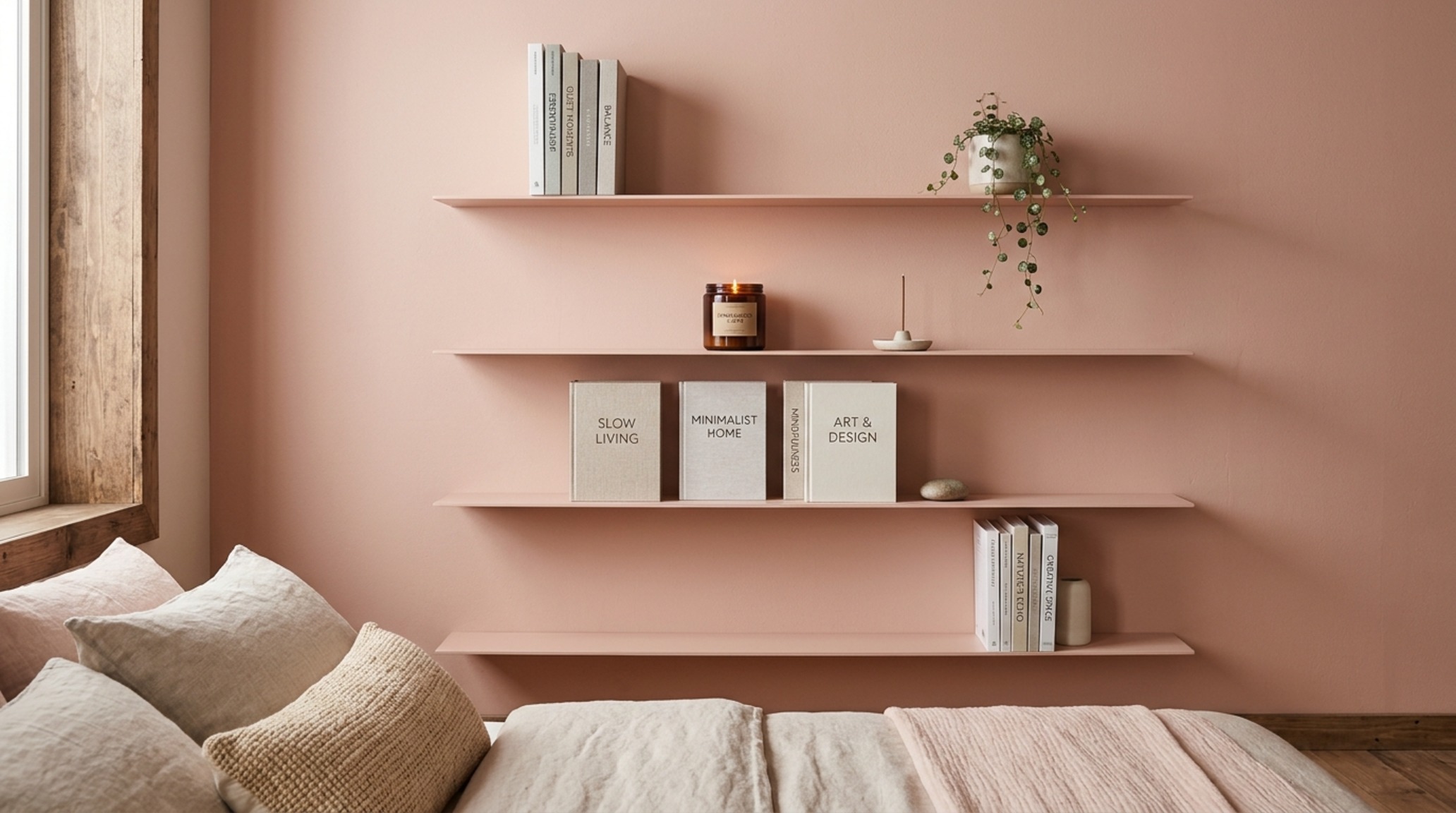 Modern book shelving ideas for a bedroom, utilizing slim-profile floating shelves in Farrow & Ball Setting Plaster to create a soft, monochromatic feature wall. Modern book shelving ideas for a bedroom, utilizing slim-profile floating shelves in Farrow & Ball Setting Plaster to create a soft, monochromatic feature wall.