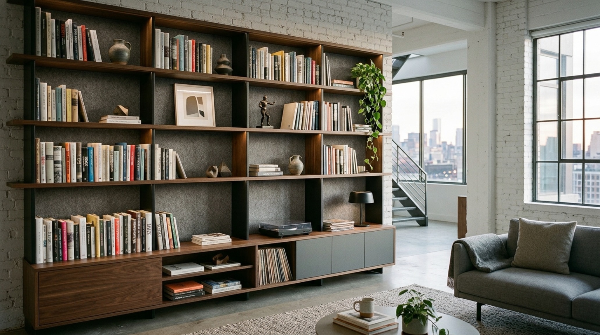 Custom book storage solutions with integrated acoustic felt backings to dampen sound in an open-concept living area while providing high-utility storage. Custom book storage solutions with integrated acoustic felt backings to dampen sound in an open-concept living area while providing high-utility storage.
