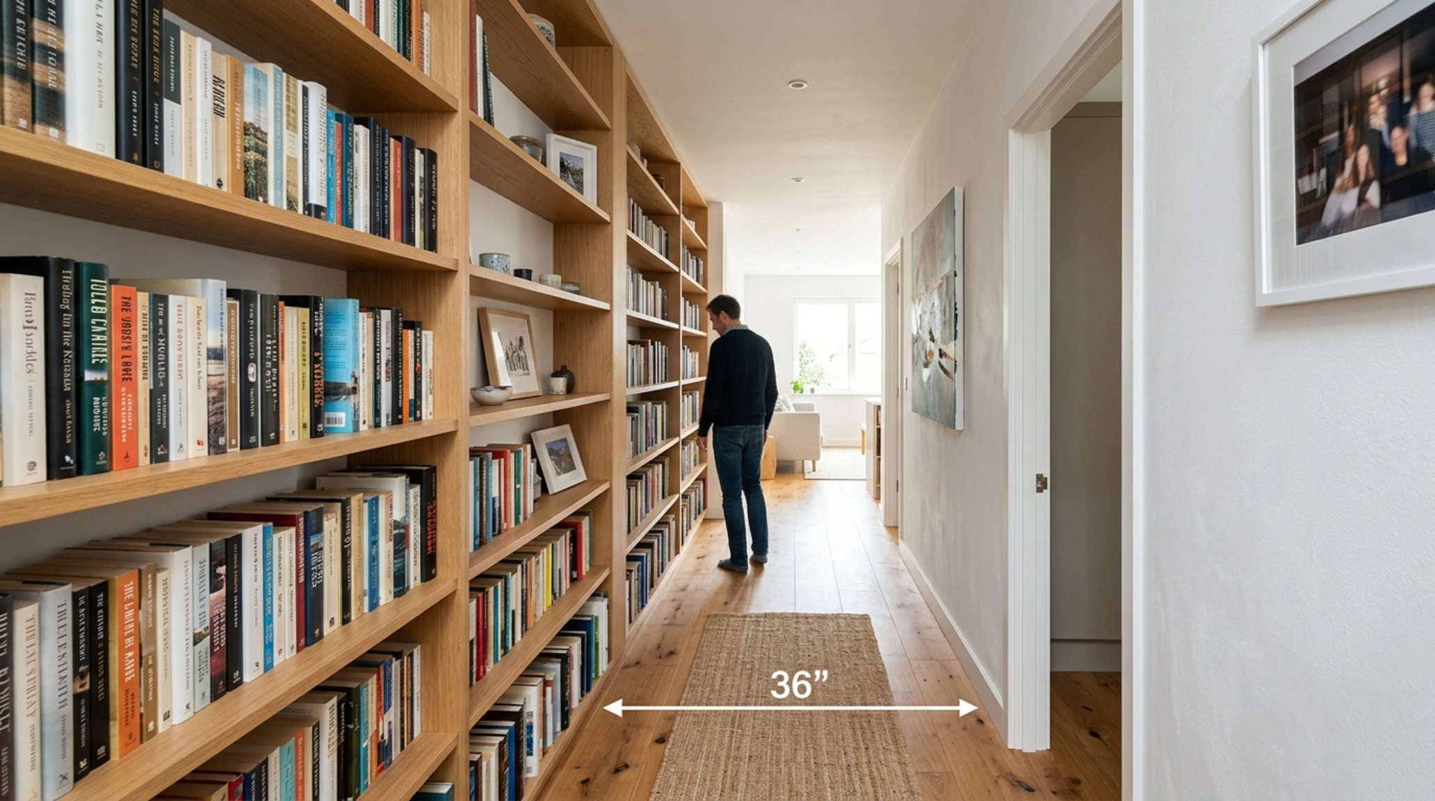 Book shelving detail showing the 36-inch clearance in a narrow library corridor, emphasizing the ergonomics of reach and the flow of movement through the space. Book shelving detail showing the 36-inch clearance in a narrow library corridor, emphasizing the ergonomics of reach and the flow of movement through the space.