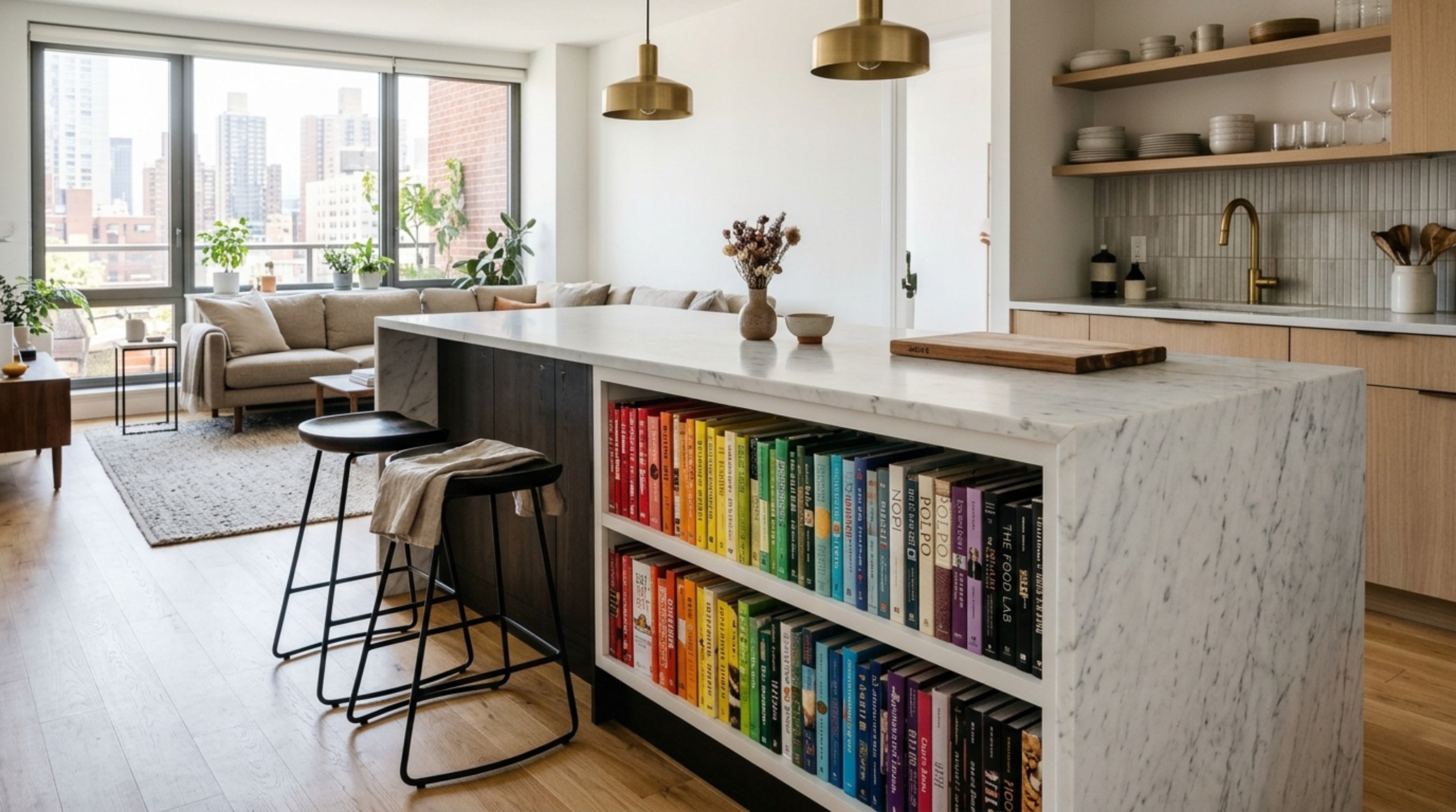Space-saving book shelving integrated into a kitchen island's rear niche, showcasing a collection of linen-wrapped cookbooks in a compact urban layout. Space-saving book shelving integrated into a kitchen island's rear niche, showcasing a collection of linen-wrapped cookbooks in a compact urban layout.