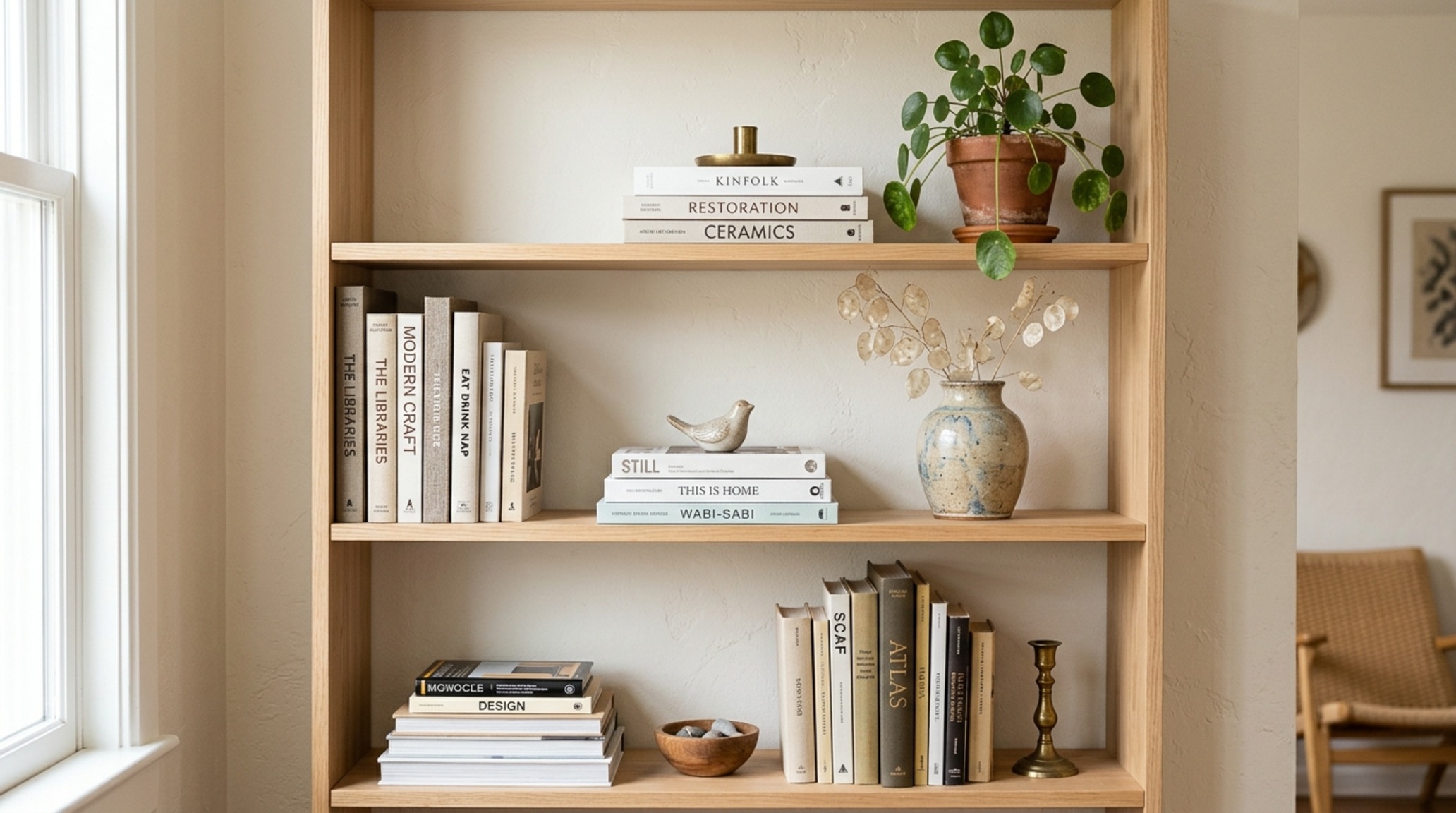 Styling book shelving with a mix of vertical paperbacks, horizontal stacks as pedestals for ceramics, and intentional negative space to allow the room to breathe. Styling book shelving with a mix of vertical paperbacks, horizontal stacks as pedestals for ceramics, and intentional negative space to allow the room to breathe.