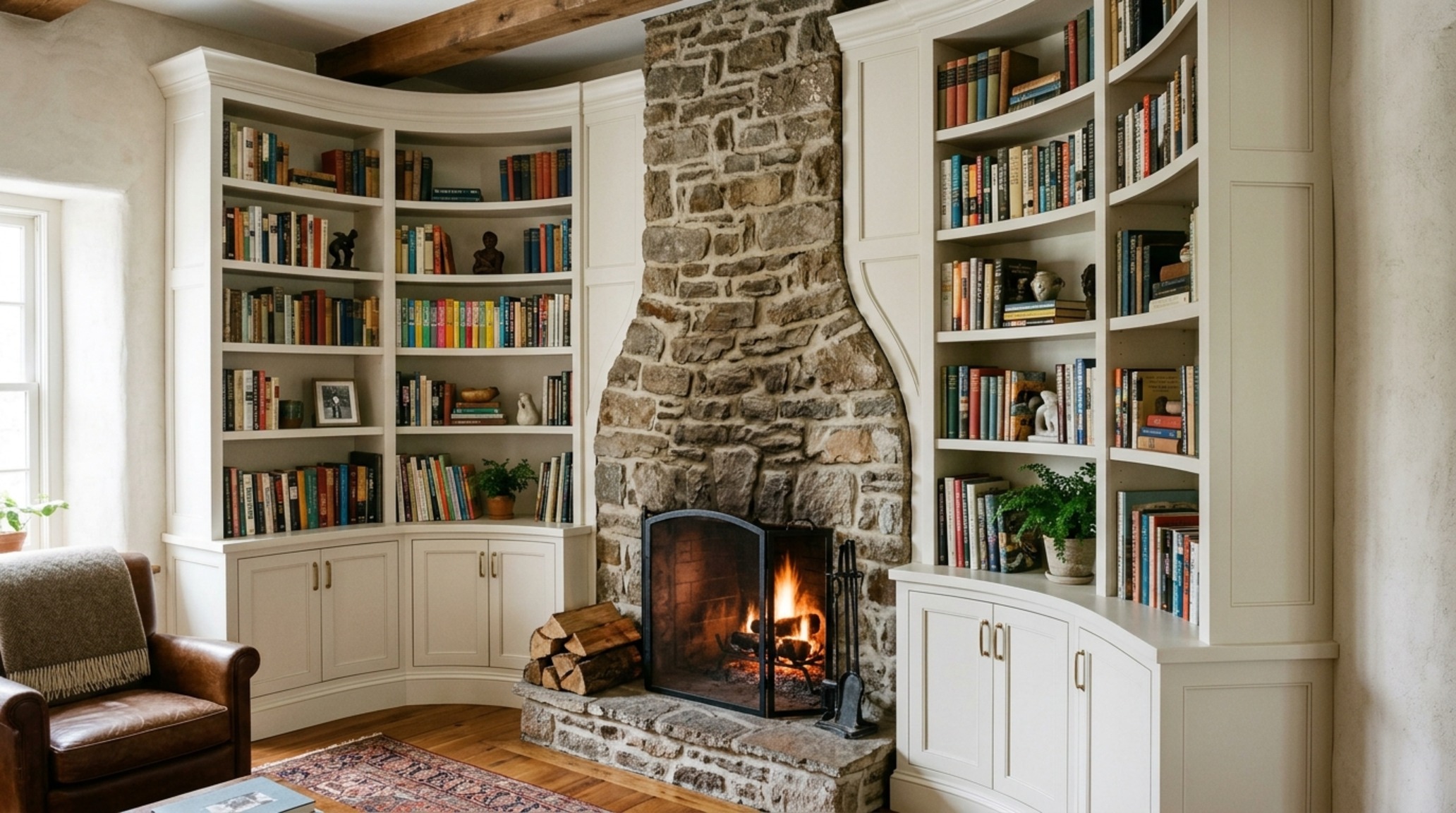 Custom book storage solutions wrapped around a corner fireplace, finished in Benjamin Moore Swiss Coffee to blend seamlessly with the architectural plaster. Custom book storage solutions wrapped around a corner fireplace, finished in Benjamin Moore Swiss Coffee to blend seamlessly with the architectural plaster.